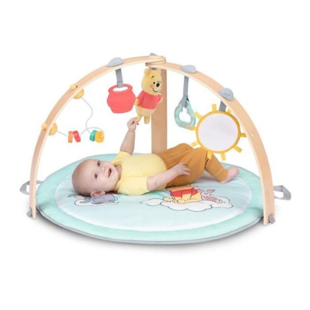 Bright Starts DISNEY BABY- WINNIE- Tapis d'éveil bébé au sol reversible évolutif pliable- arche en bois- jouets sensoriels et musicaux, mi