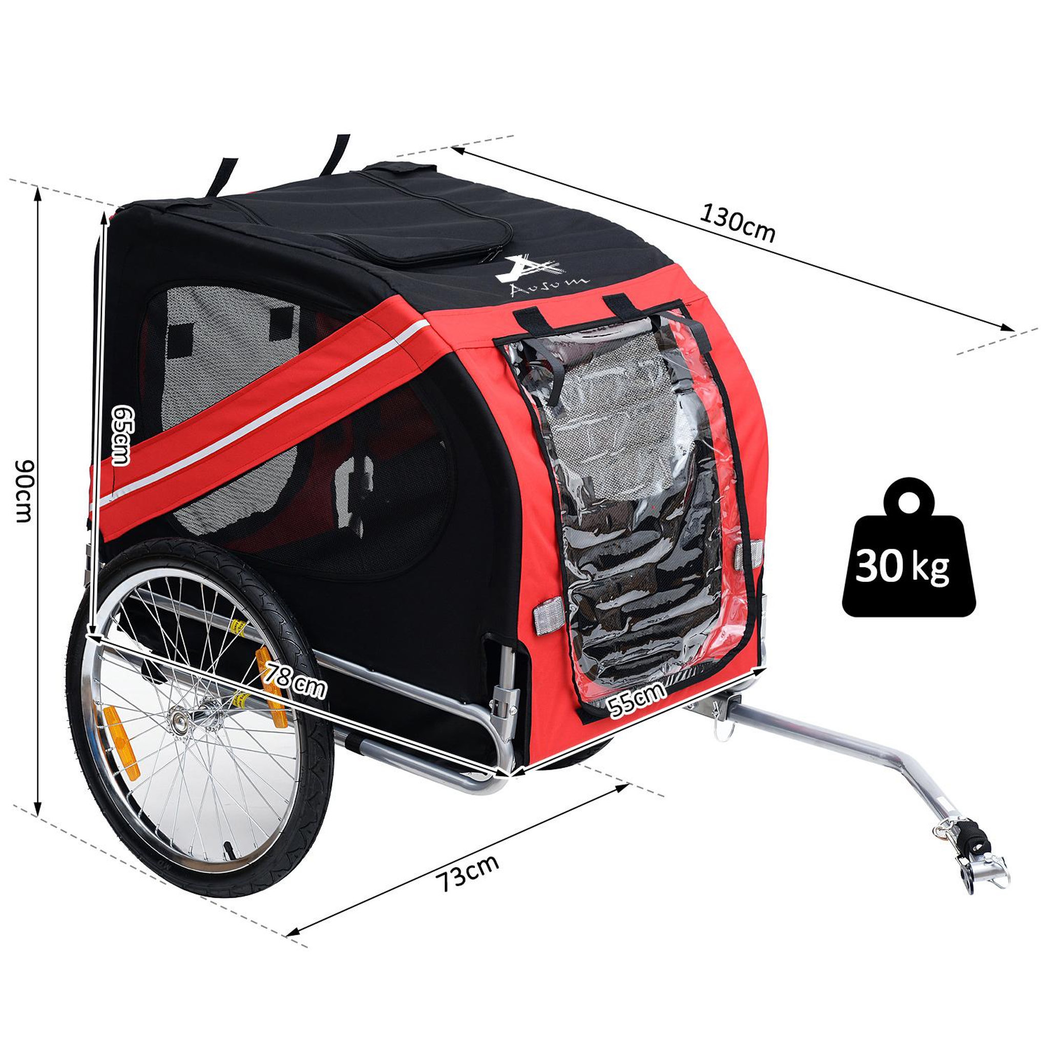 Voir la diapositive 3 : PAWHUT Remorque vélo pour chien animaux pliable 8 réflecteurs drapeau barre attelage inclus acier polyester imperméable max. 30 kg 130l x 73l x 90h cm rouge