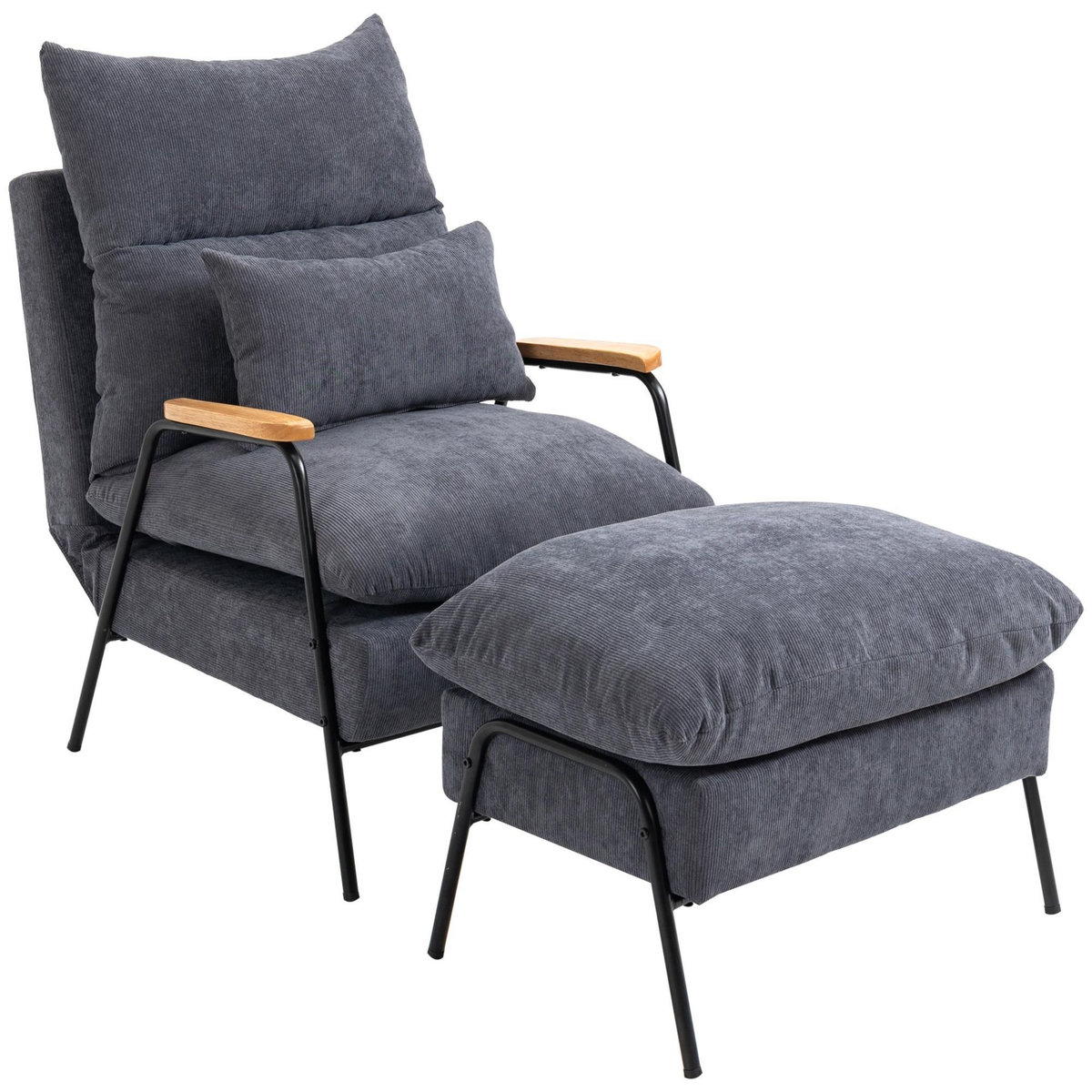 HOMCOM Fauteuil lounge style néo-rétro avec repose-pied - dossier inclinable - structure acier noir accoudoirs bois hévéa revêtement velours cotelé gris