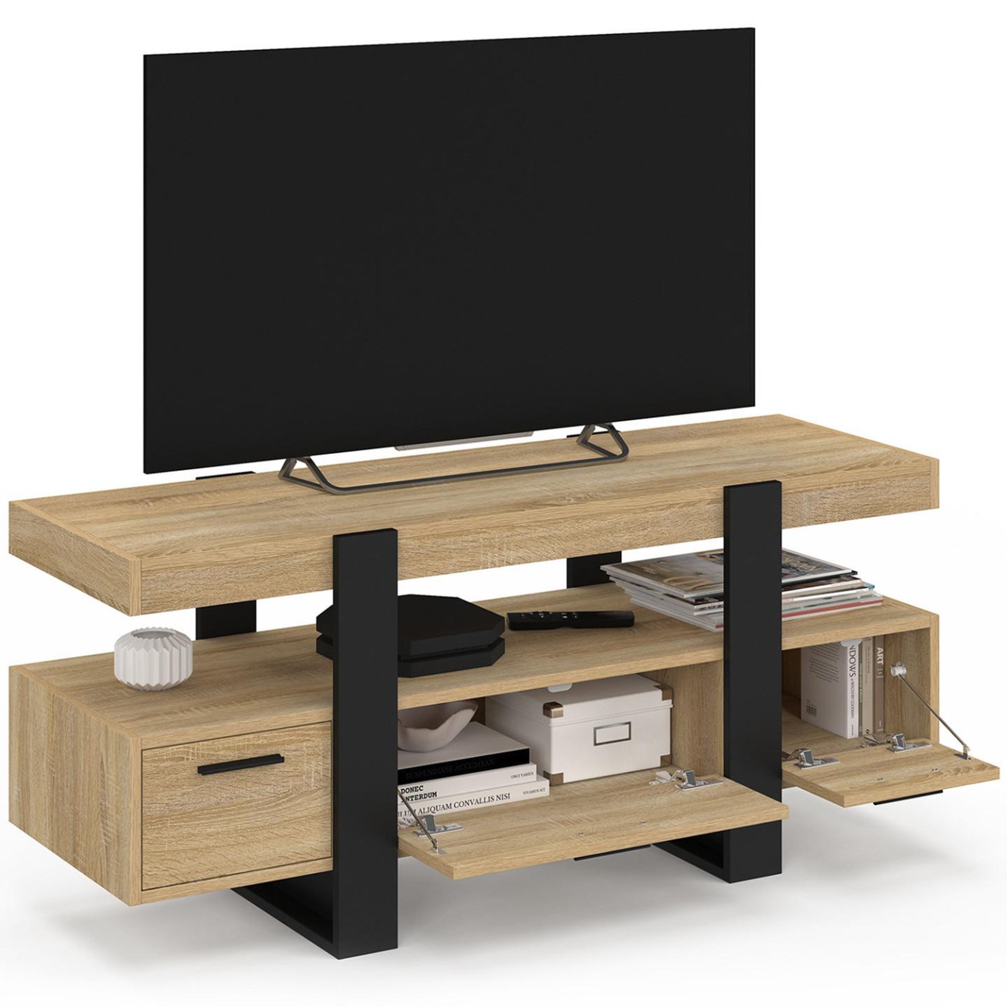 Voir la diapositive 4 : ID MARKET Meuble tv 116 cm phoenix avec tiroirs bois et noir