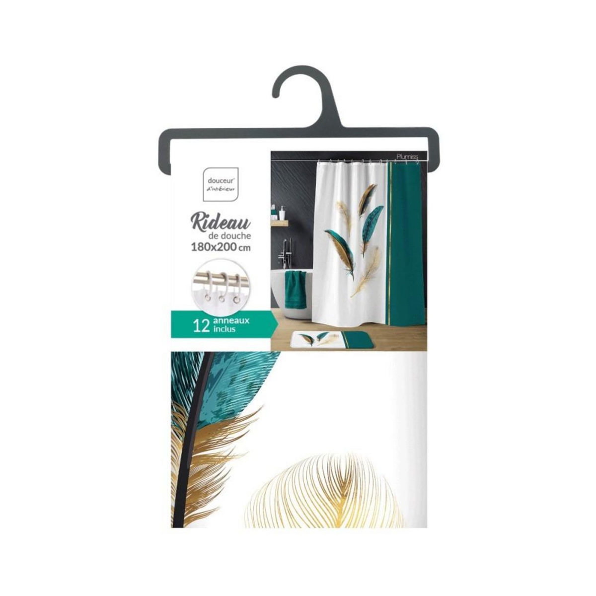 Douceur d'Intérieur Rideau de douche 180x200 PLUMISS avec 12 anneaux