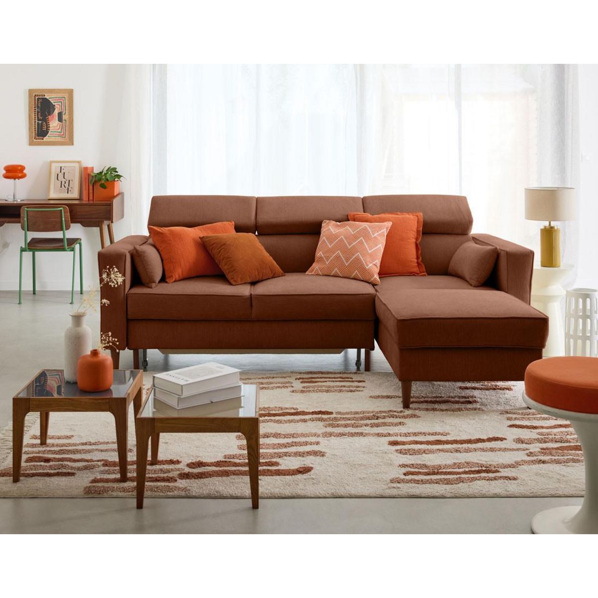 BEST MOBILIER Alicante - canapé d'angle réversible convertible avec têtières - coffre - 4 places - en tissu texturé