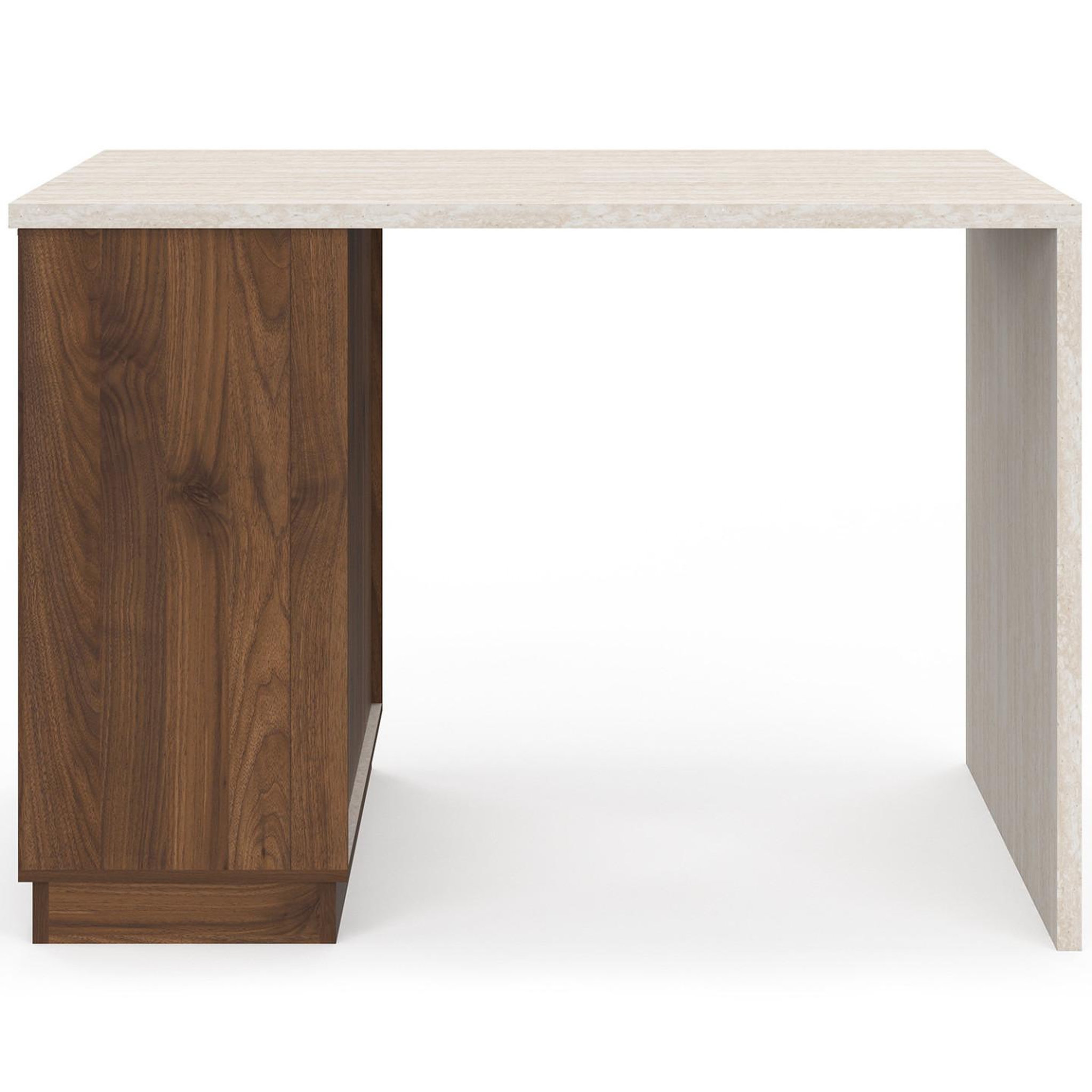 Voir la diapositive 5 : ID MARKET Ilot central mange-debout 4 personnes vito 130 cm bois noyer et plateau effet travertin
