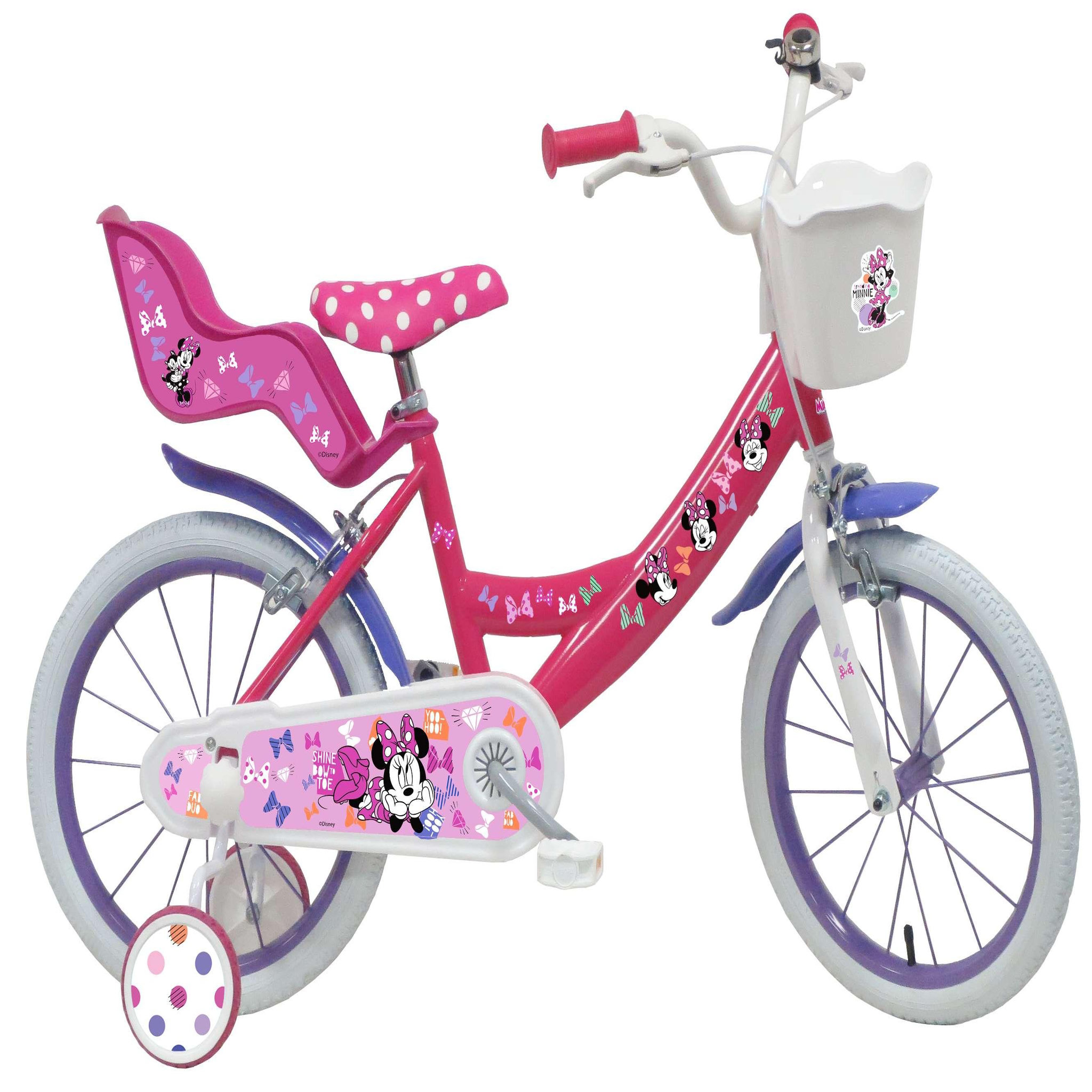 Voir la diapositive 1 : Disney Minnie Vélo enfant - Modèle 16'' Minnie de Disney pour enfant de 105/120 cm avec stabilisateurs - Panier avant - Porte poupée arrière - 2 freins et pneus gonflables
