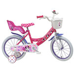 Disney Minnie Vélo enfant - Modèle 16'' Minnie de Disney pour enfant de 105/120 cm avec stabilisateurs - Panier avant - Porte poupée arrière - 2 freins et pneus gonflables