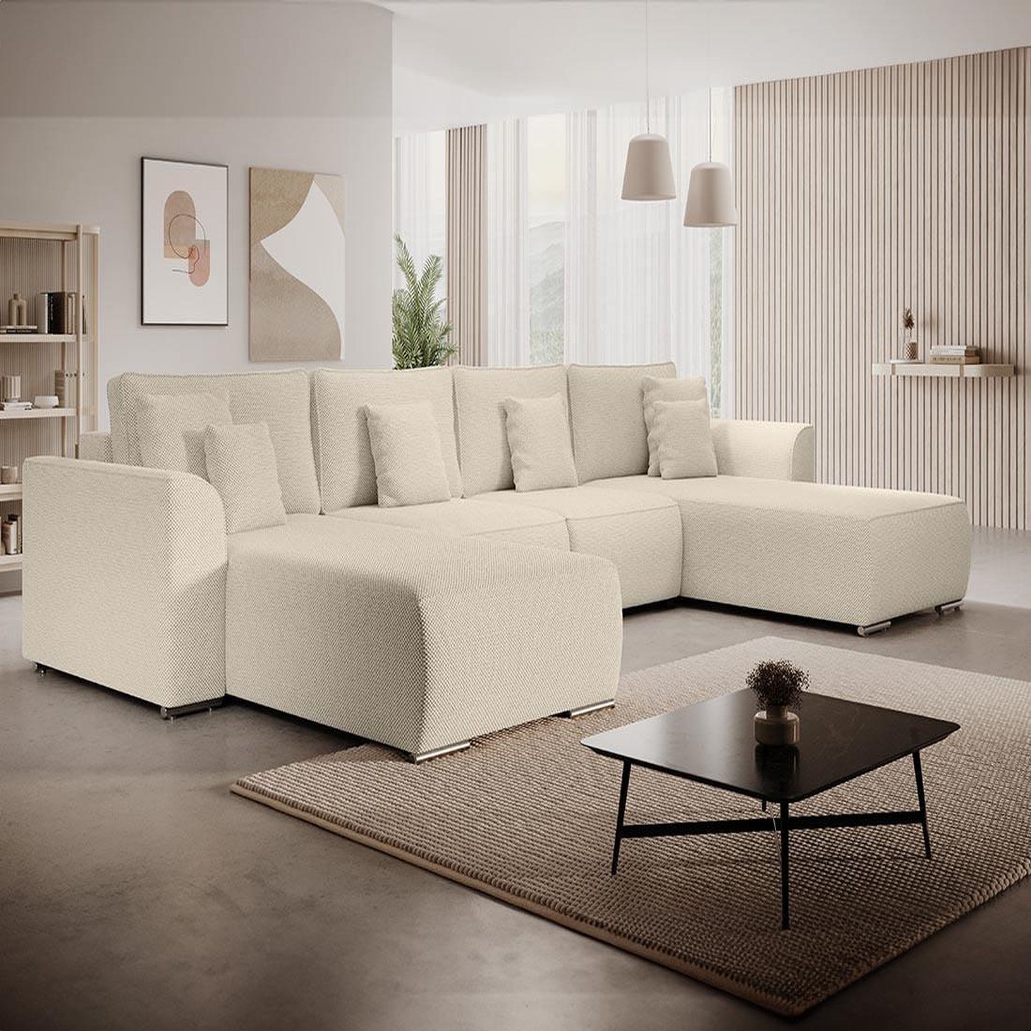 Voir la diapositive 2 : BEST MOBILIER Gabriel - canapé panoramique en u 7 places convertible avec coffre en tissu texturé