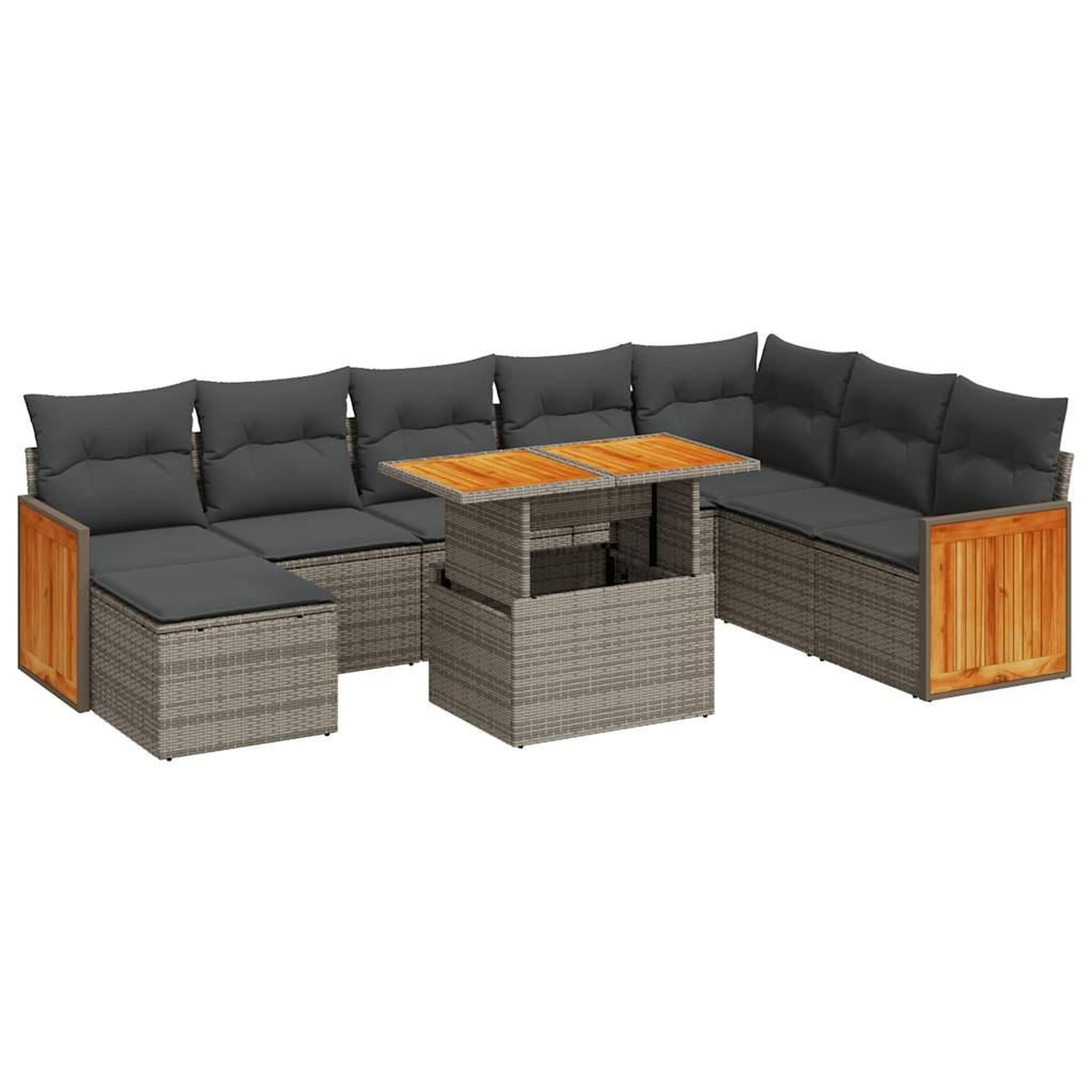 Voir la diapositive 2 : VIDAXL Salon de jardin avec coussins 9 pcs gris resine tressee acacia