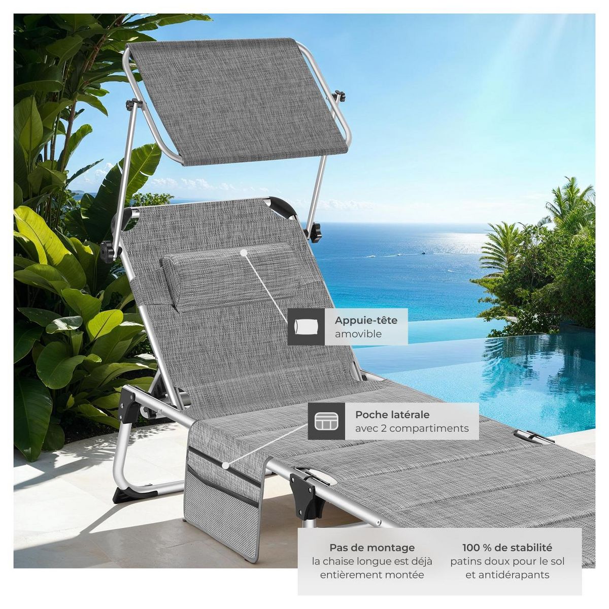 tectake Bain de soleil rembourré et pliable gris tacheté