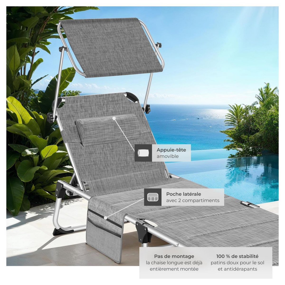 tectake Bain de soleil rembourré et pliable gris tacheté