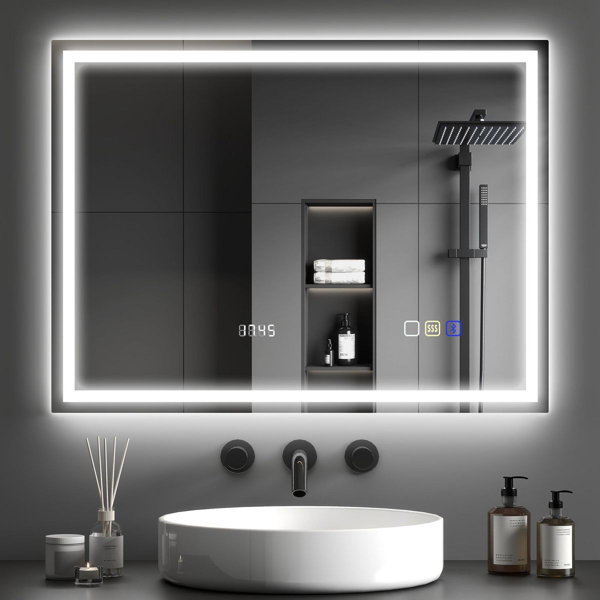 HOMCOM Miroir lumineux LED salle de bain 80 x 60 cm bluetooth interrupteur tactile lumière réglable 3 couleurs fonction anti-buée et mémoire