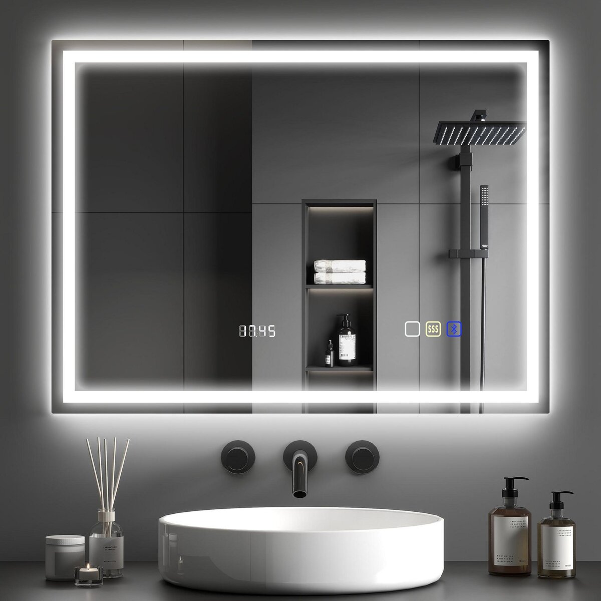 HOMCOM Miroir lumineux LED salle de bain 80 x 60 cm bluetooth interrupteur tactile lumière réglable 3 couleurs fonction anti-buée et mémoire