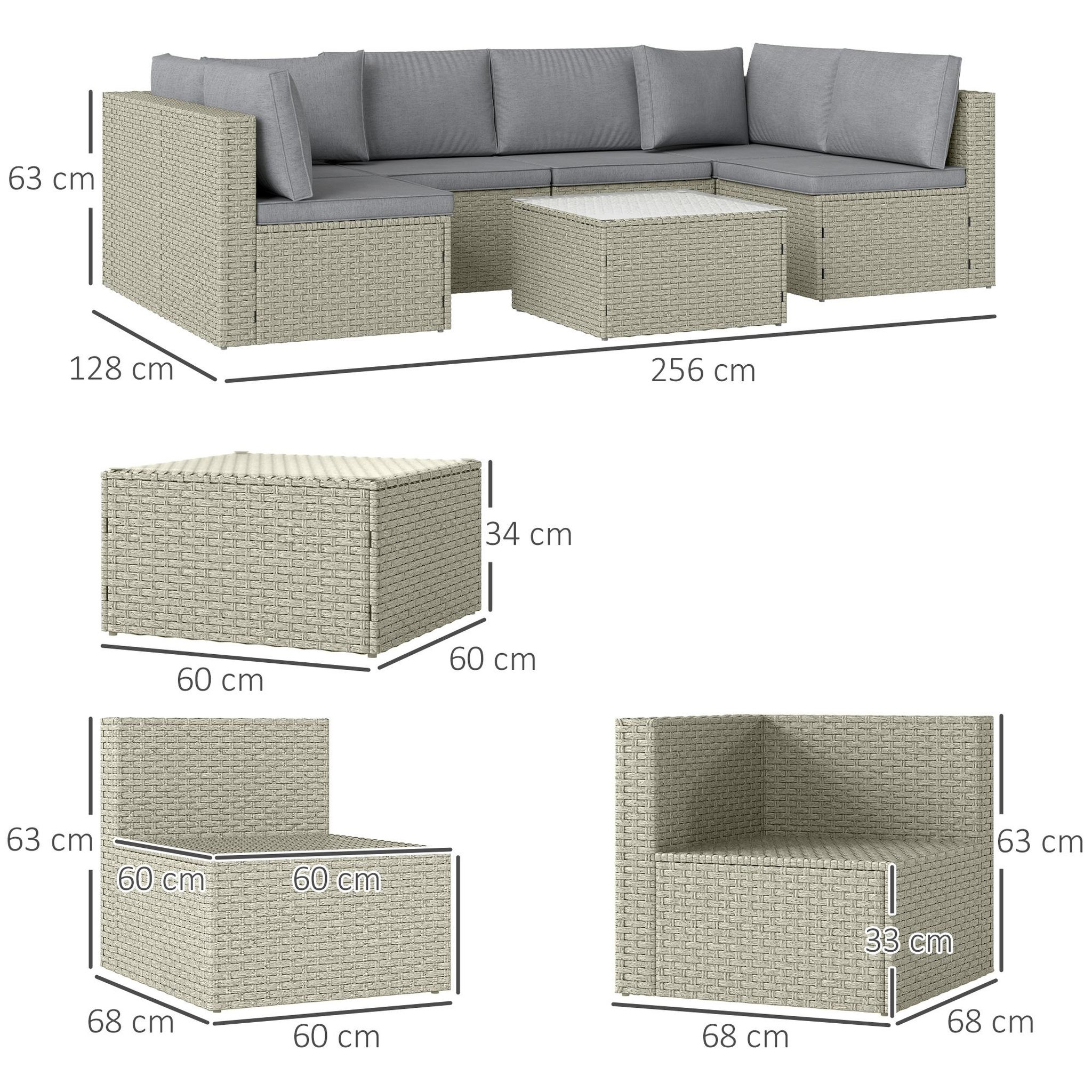 Voir la diapositive 3 : OUTSUNNY Ensemble salon de jardin modulable 6 personnes avec table basse résine tressée effet rotin gris