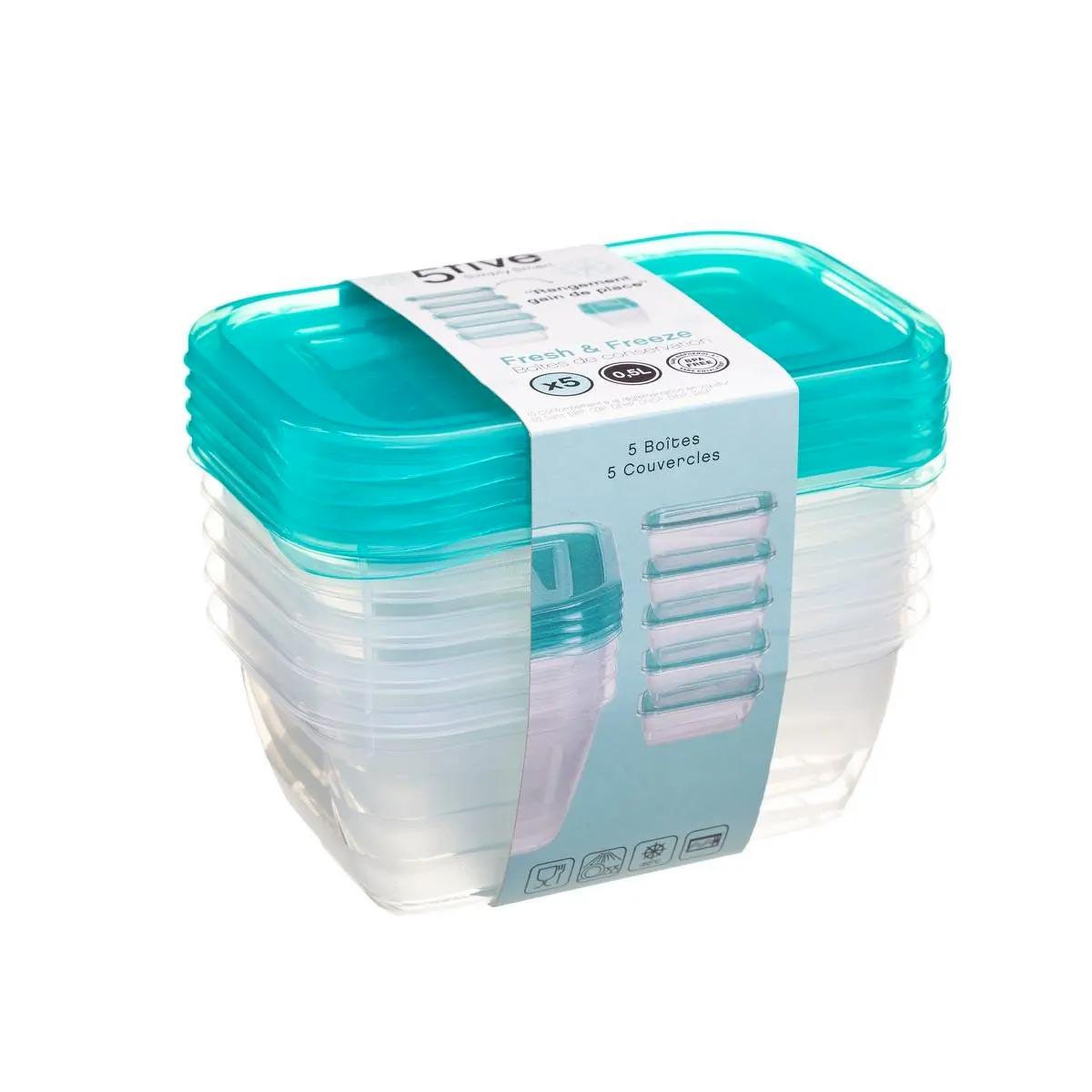 Voir la diapositive 2 : FIVE Lot de 5 boîtes de conservation  fresh & freeze  0,5l bleu