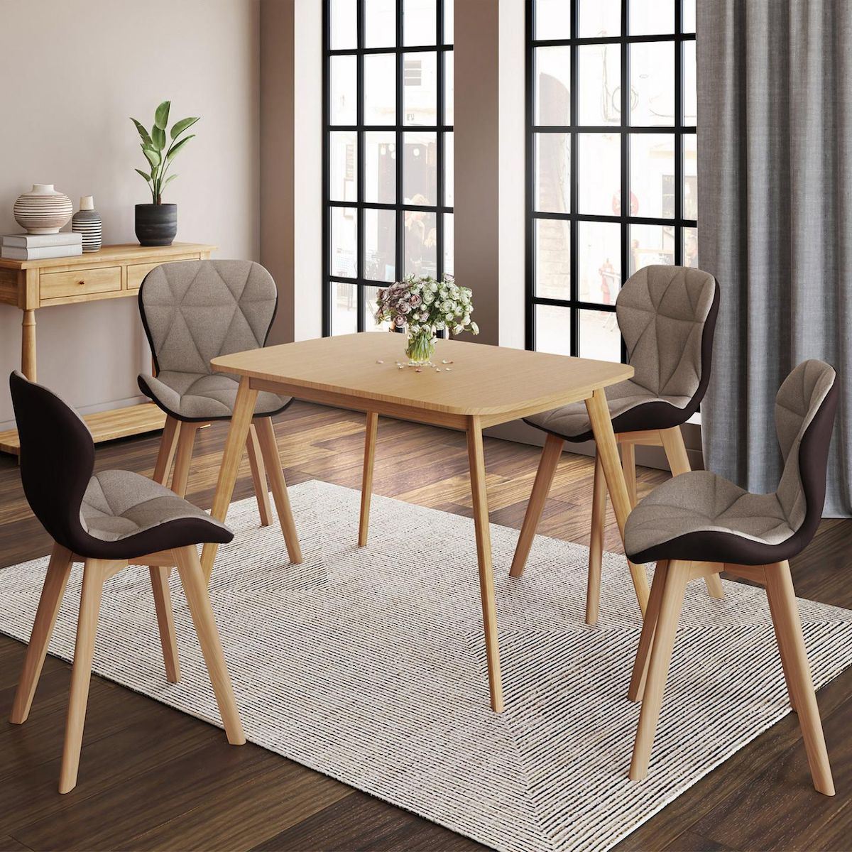 ID MARKET Lot de 4 chaises ROXANE bi-matière en tissu et PU marron et taupe pour salle à manger