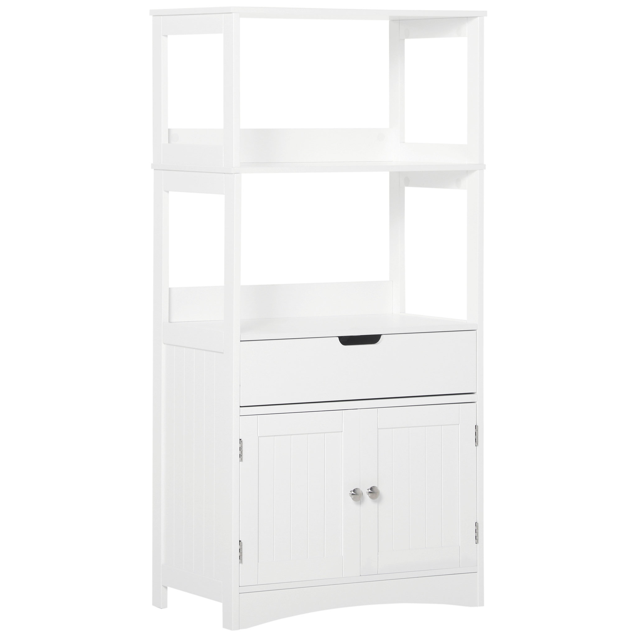 Voir la diapositive 1 : KLEANKIN Meuble de rangement salle de bain - 2 portes, tiroir, 3 étagères - dim. 60L x 33l x 122H cm - MDF blanc