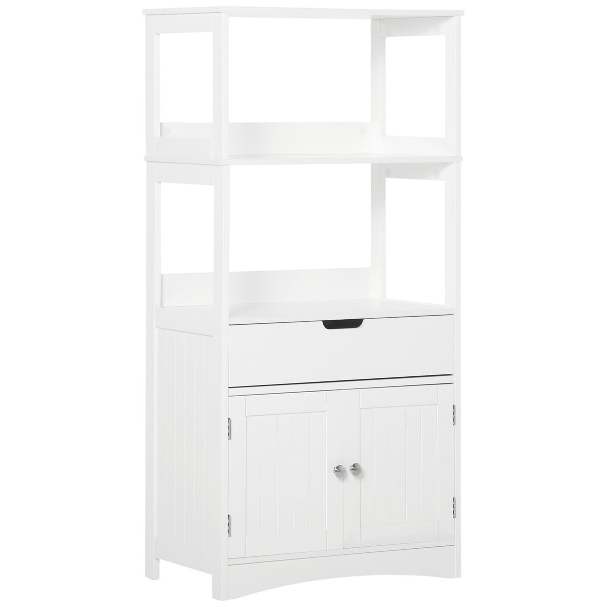 KLEANKIN Meuble de rangement salle de bain - 2 portes, tiroir, 3 étagères - dim. 60L x 33l x 122H cm - MDF blanc