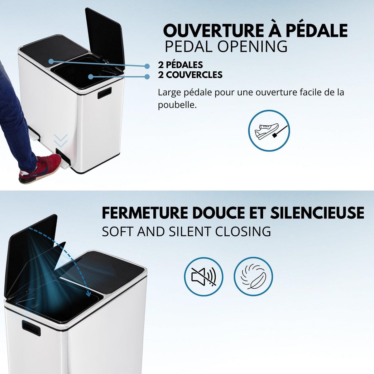 Kitchen move Poubelle de cuisine tri sélectif MAJOR Blanc Acier inoxydable 60L