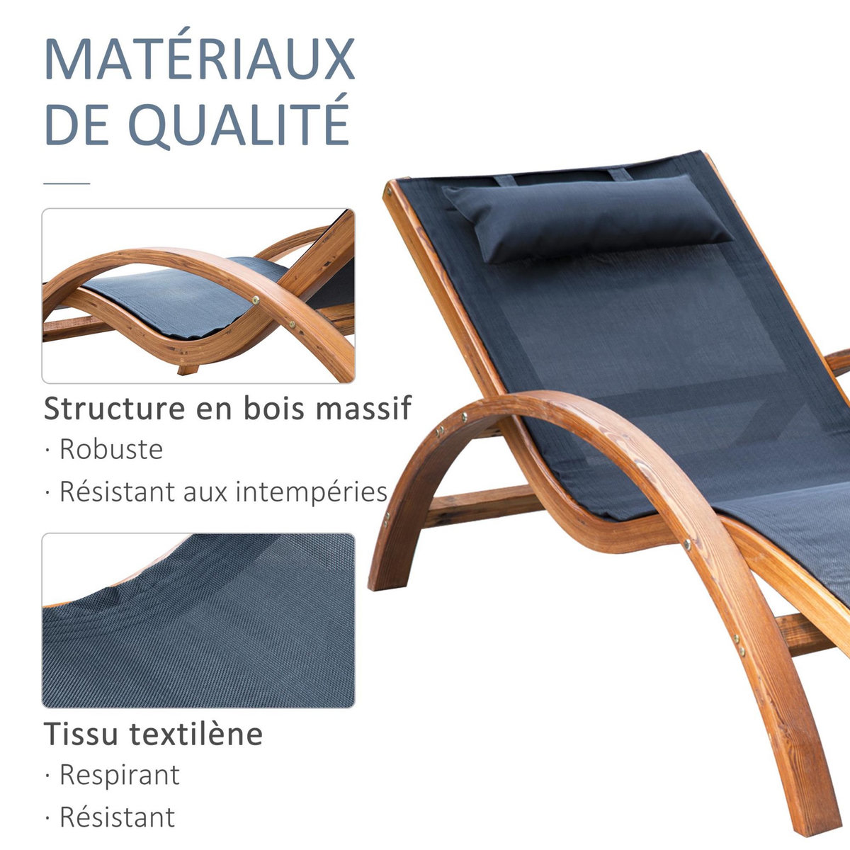 OUTSUNNY Transat chaise longue design style tropical bois massif naturel coloris beige noir