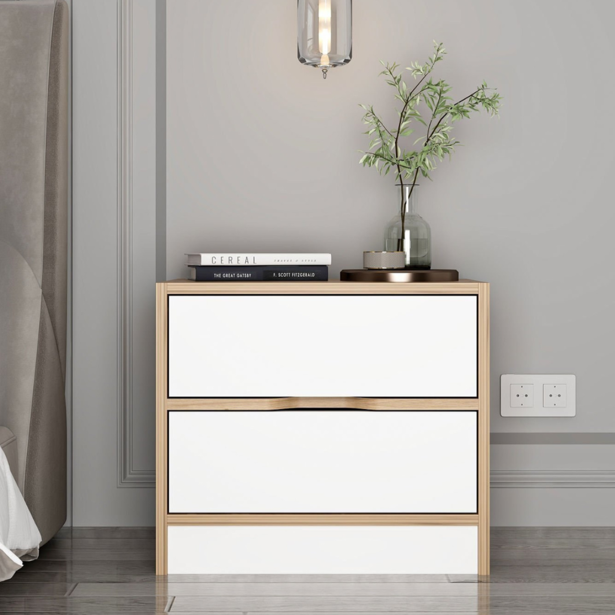 Voir la diapositive 2 : CONCEPT USINE Table de chevet bois et blanc 2 tiroirs molde