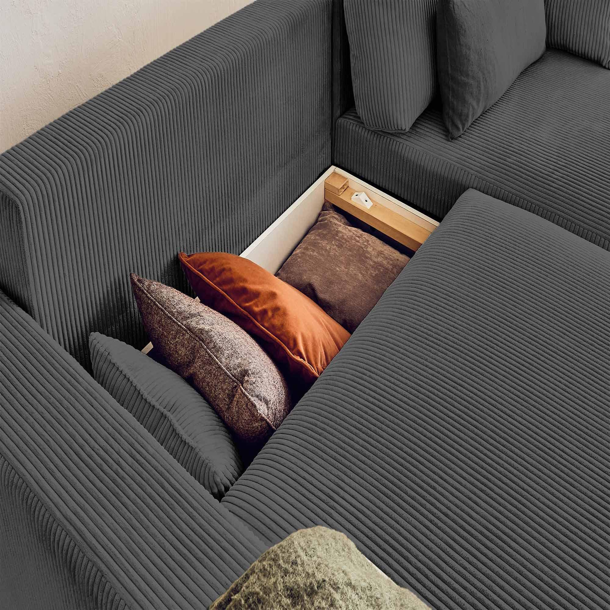 Voir la diapositive 3 : BEST MOBILIER Pivoine - canapé d'angle réversible - 4 places - convertible avec coffre - en velours côtelé