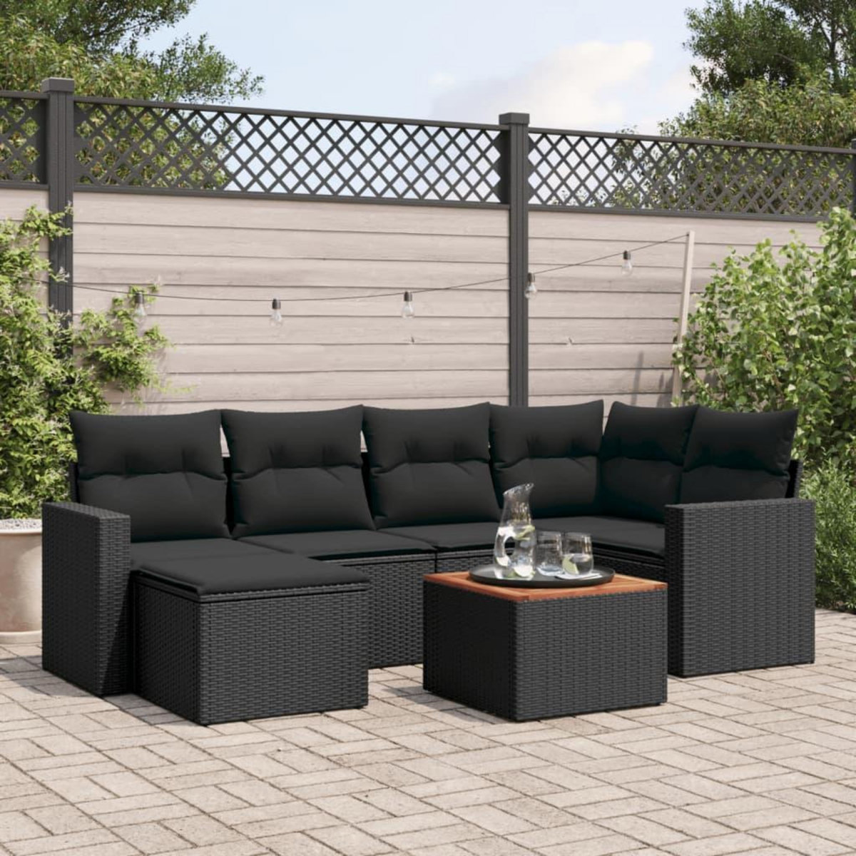 VIDAXL Salon de jardin 7 pcs avec coussins noir resine tressee