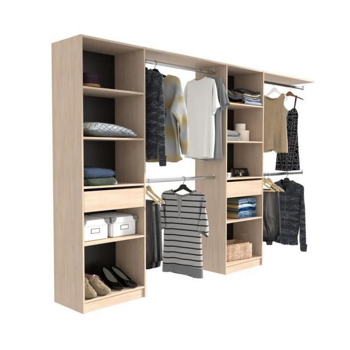 EKIPA EKIPA Dressing extensible - 2 colonnes avec 2 tiroirs et 10 étageres + 4 penderies - Décor chene - L 320 x P 40 x H 200 cm - D