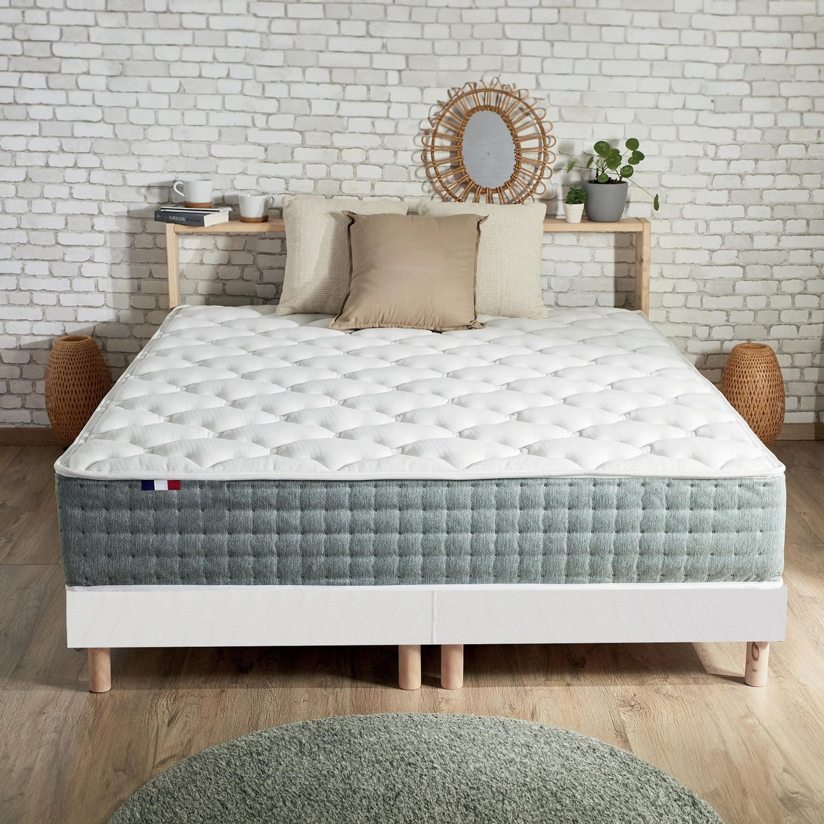 IDLITERIE Ensemble matelas Ressort 7 zones HYGGE + Sommier + couette + oreillers Fabriqué en France