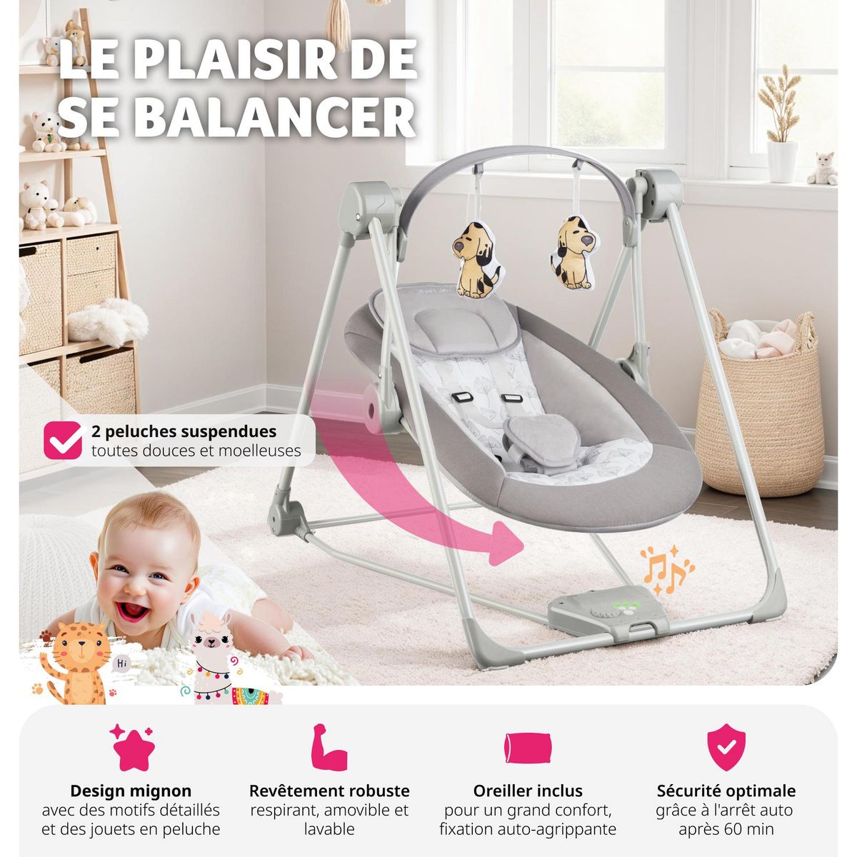 tectake Balancelle pour bébé pliable avec technologie TrueSpeed avec 5 niveaux de vitesse gris clair