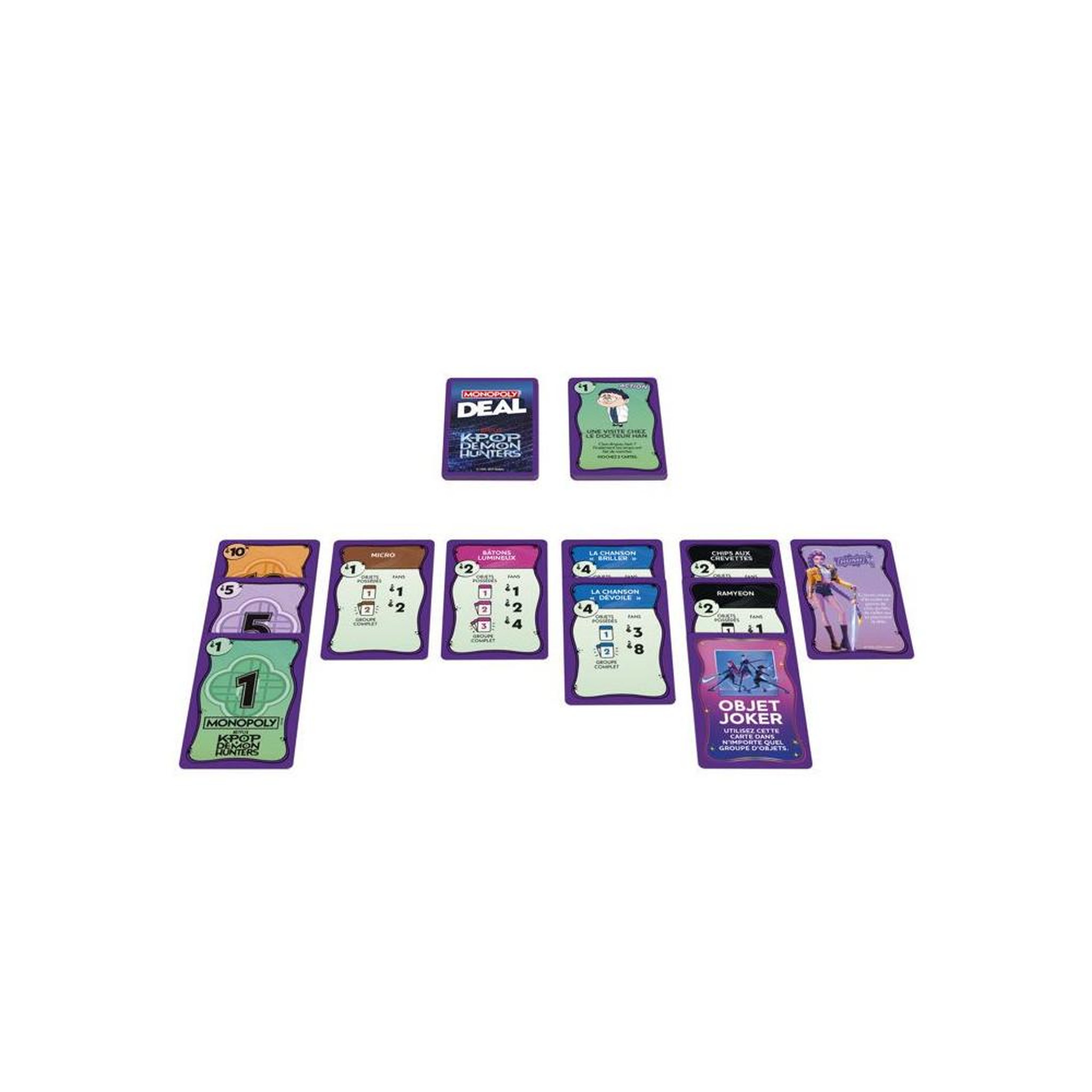 Voir la diapositive 3 : MONOPOLY Jeu de cartes monopoly deal kpop demon hunters, 110 cartes, 2 à 5 joueurs, dès 8 ans, 15 min, multi-couleur, boîte