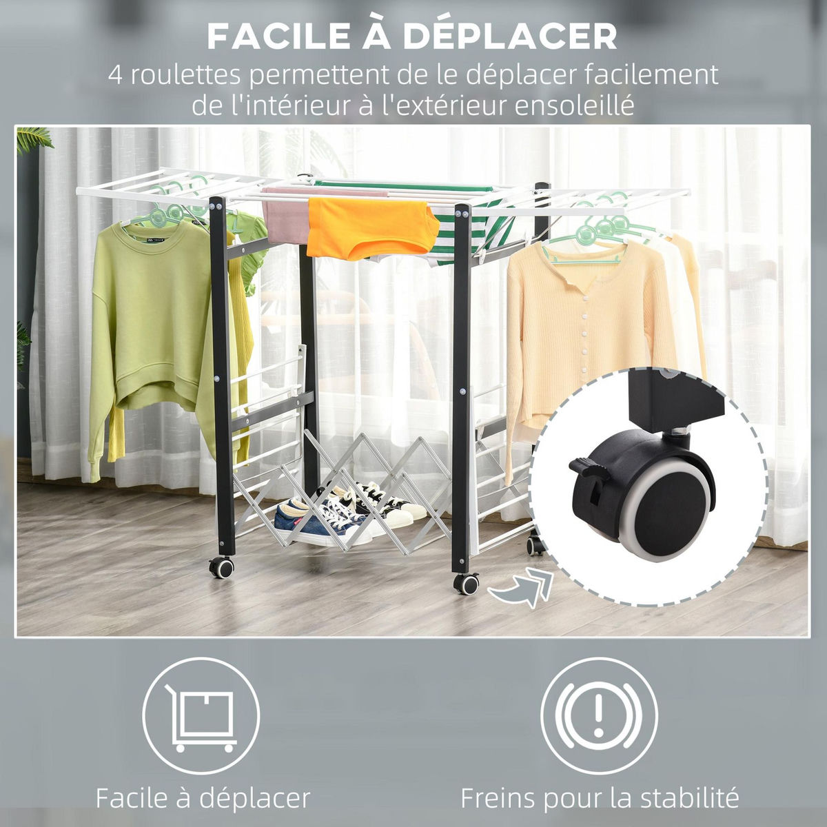 HOMCOM Séchoir à linge étendoir à vêtements pliable réglable avec 4 roulettes - grand capacité - dim. 157,5L x 54l x 101H cm - alu. métal blanc noir