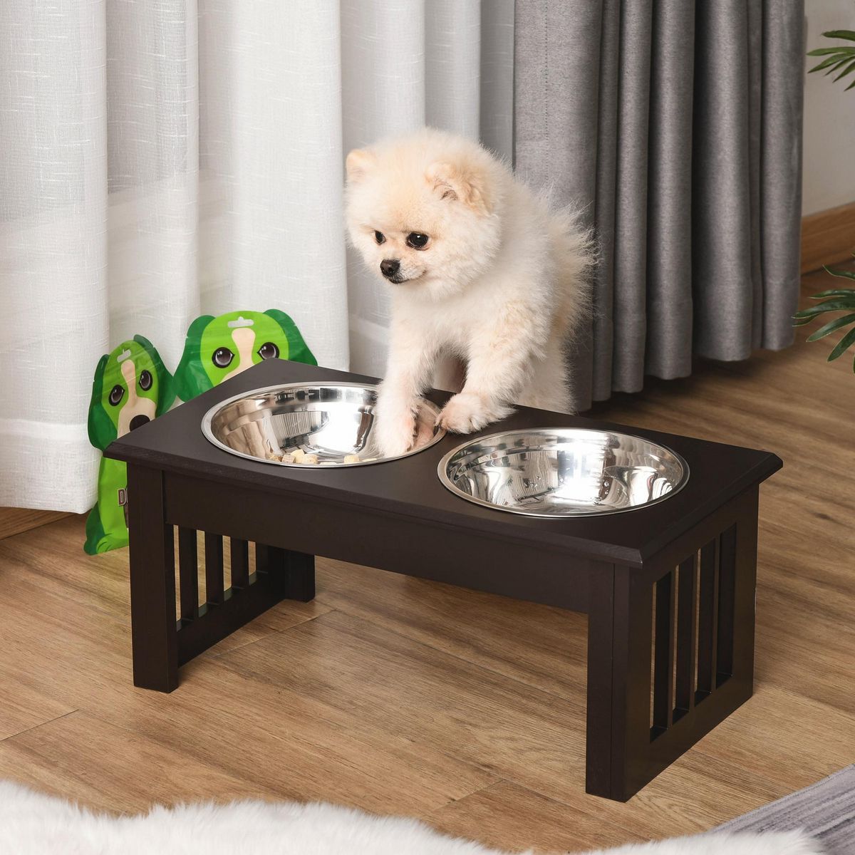 PAWHUT Gamelle double chien chat Porte-gamelles surélevé dim. 44L x 24l x 15H cm 2 gamelles acier inox. incluses MDF