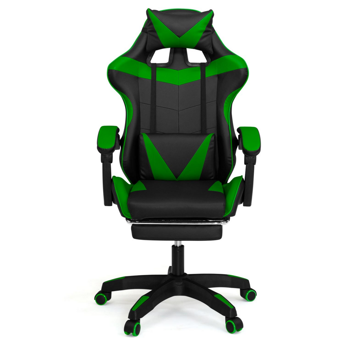 ID MARKET Fauteuil de gaming ALEX réglable avec repose-pied, coussin de tête et coussin lombaire noir et vert