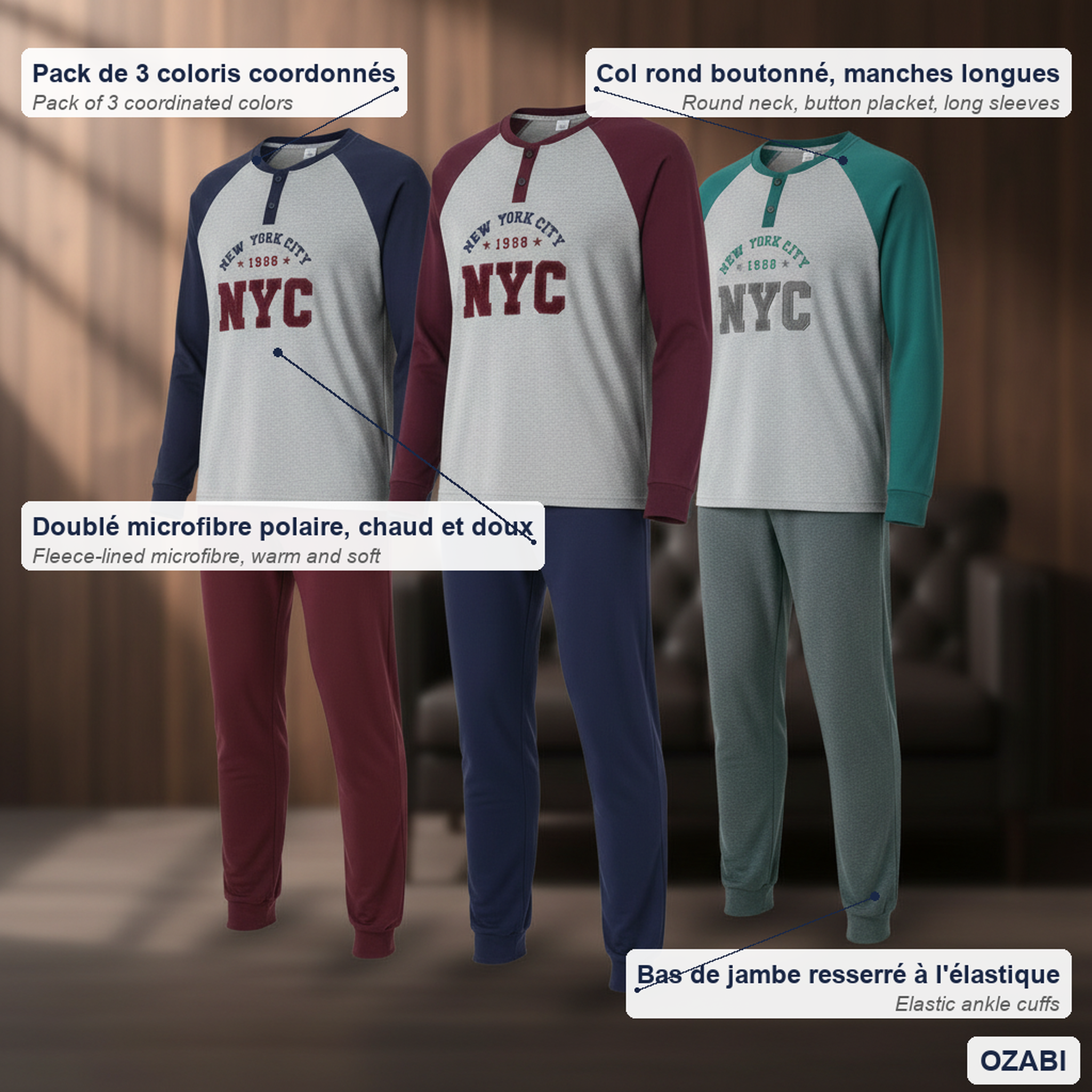 Voir la diapositive 5 : OZABI Ozabi ensemble pyjama homme doublé polaire pack de 3 coloris assortis