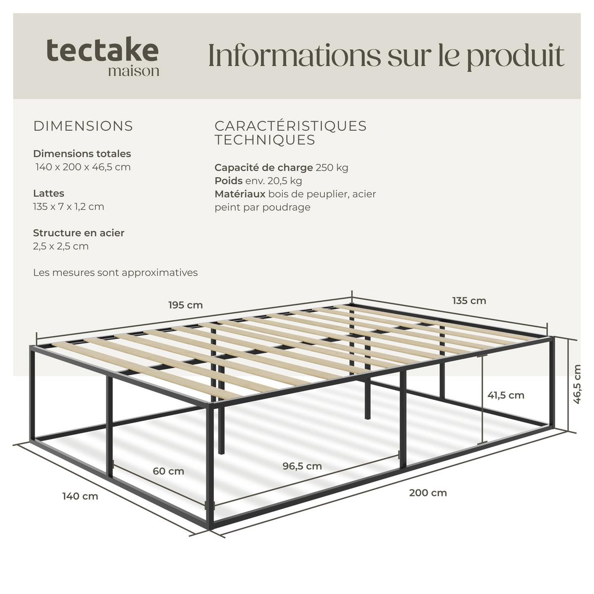 tectake Cadre de lit structure en acier robuste noir 140 x 200 x 46,5 cm