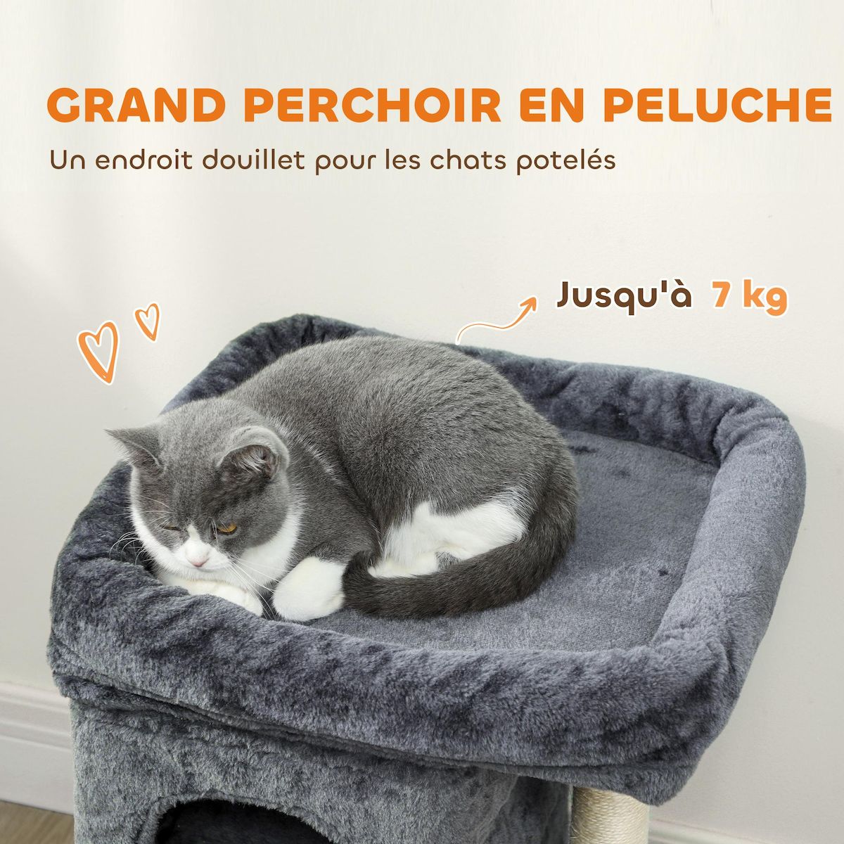 PAWHUT Arbre à chat griffoir 2 niches grande plateforme panier d'observation boule ressort gris
