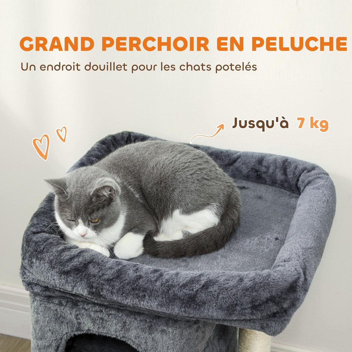 PAWHUT Arbre à chat griffoir 2 niches grande plateforme panier d'observation boule ressort gris