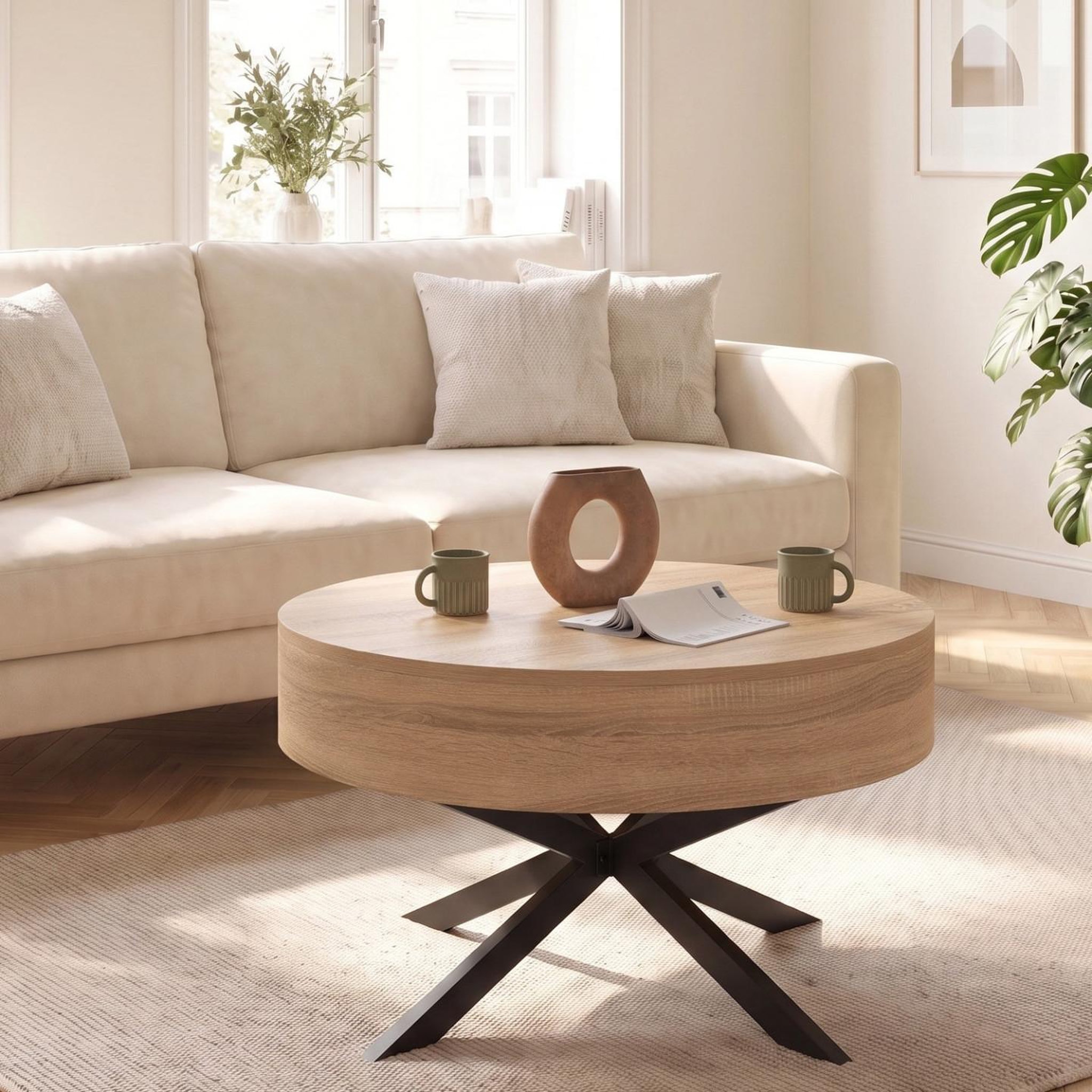 Voir la diapositive 5 : ID MARKET Table basse plateau relevable ronde alix 70 cm pied araignée bois et noir