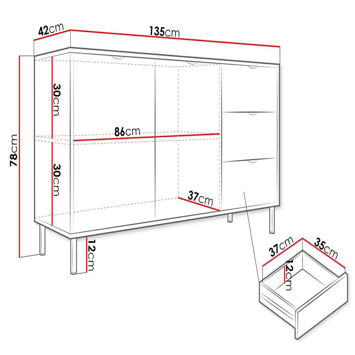 BEST MOBILIER Hope - buffet bas 135 cm - 3 tiroirs et 2 portes