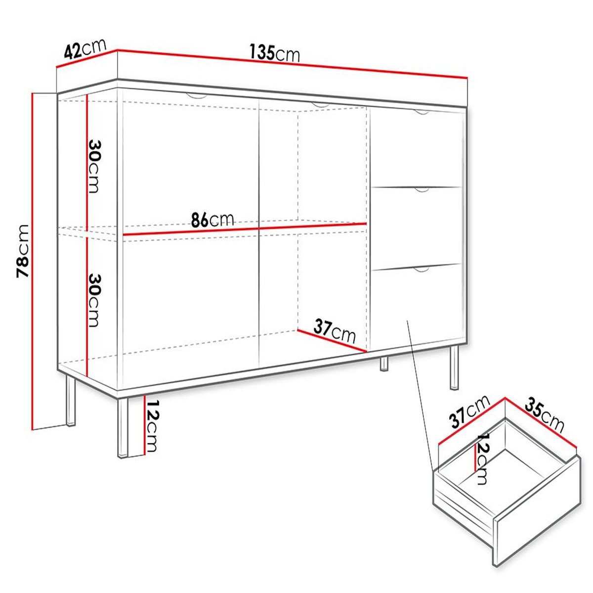 BEST MOBILIER Hope - buffet bas 135 cm - 3 tiroirs et 2 portes