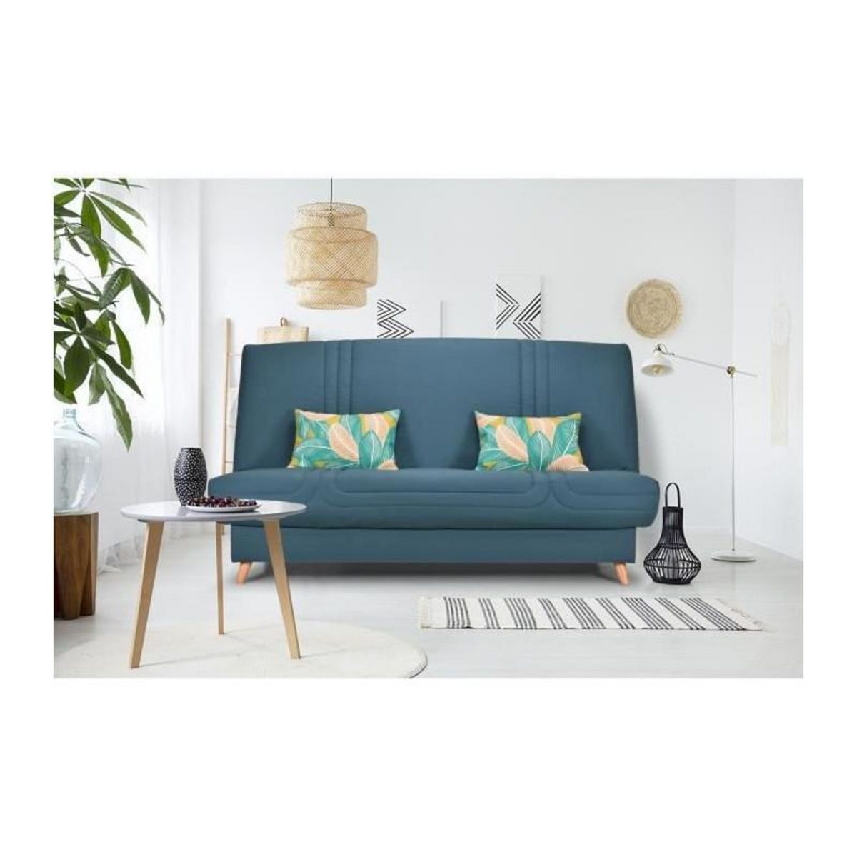 GRUHIER Banquette clic clac BULTEX - Tissu Taupe + Coussins deco jungle - L193 x P95 x H