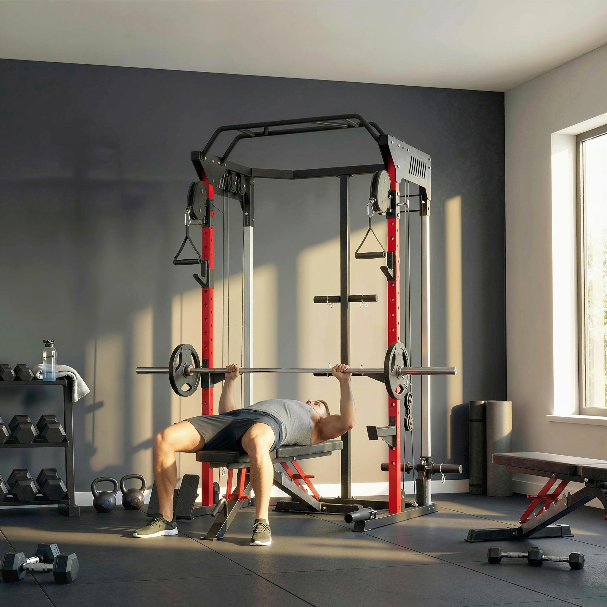 Voir la diapositive 4 : HOMCOM Station de musculation - power rack 900kg double poulie réglable 19 niveaux - acier - 168x128x215cm -noir