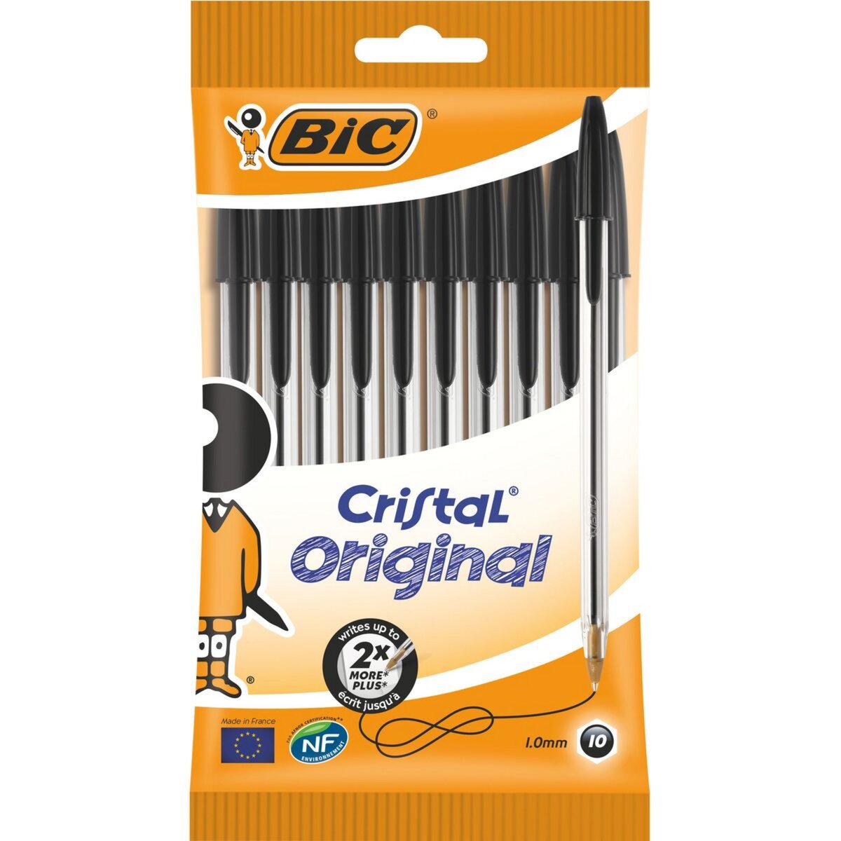 BIC Lot de 10 stylos bille pointe moyenne noir CRISTAL ORIGINAL