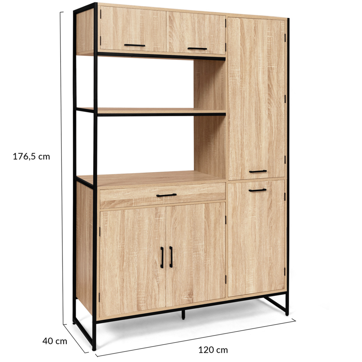 ID MARKET Buffet de cuisine avec colonne de rangement 120 CM DETROIT 6 portes + tiroir design industriel