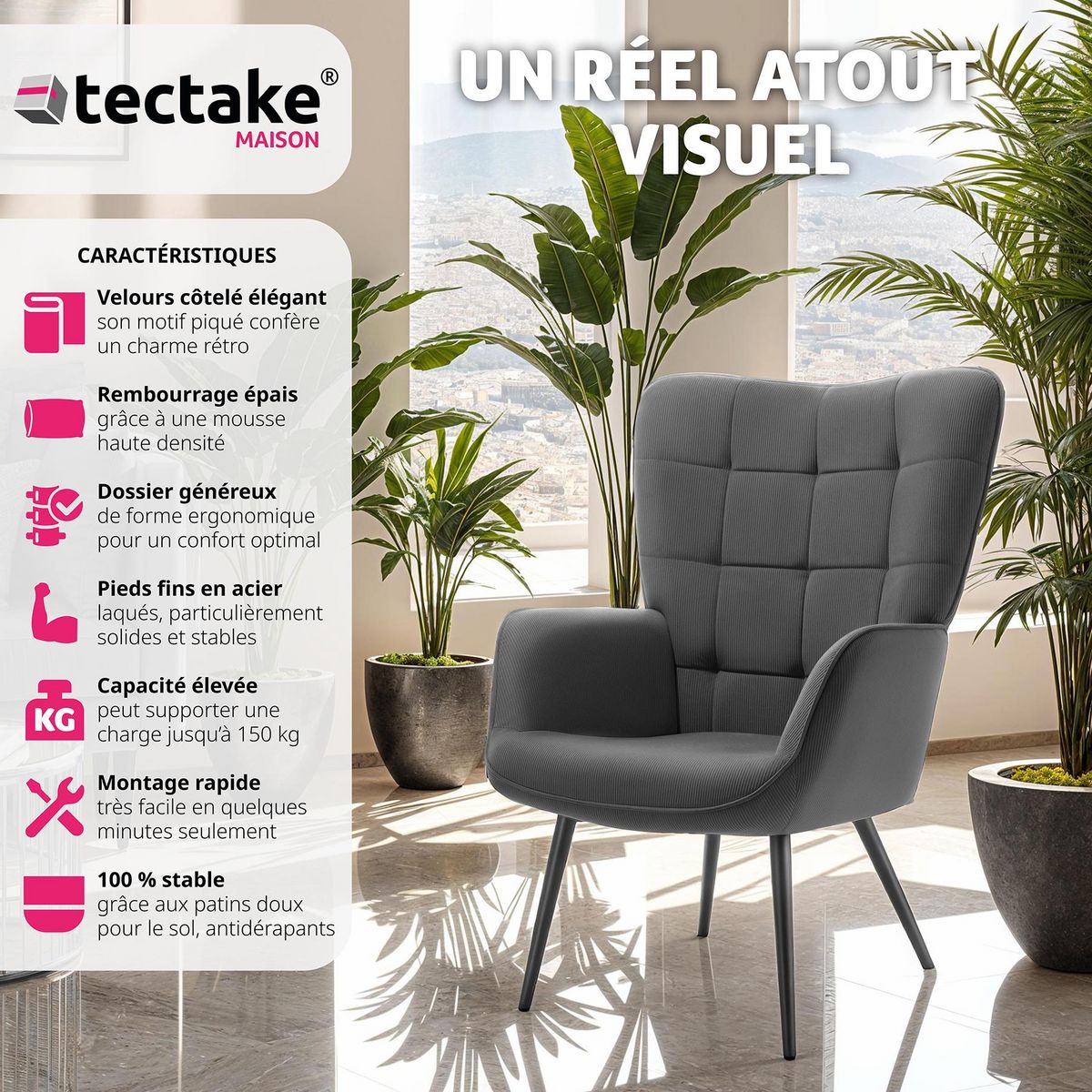 tectake Fauteuil rembourré Velours côtelé fin anthracite/noir