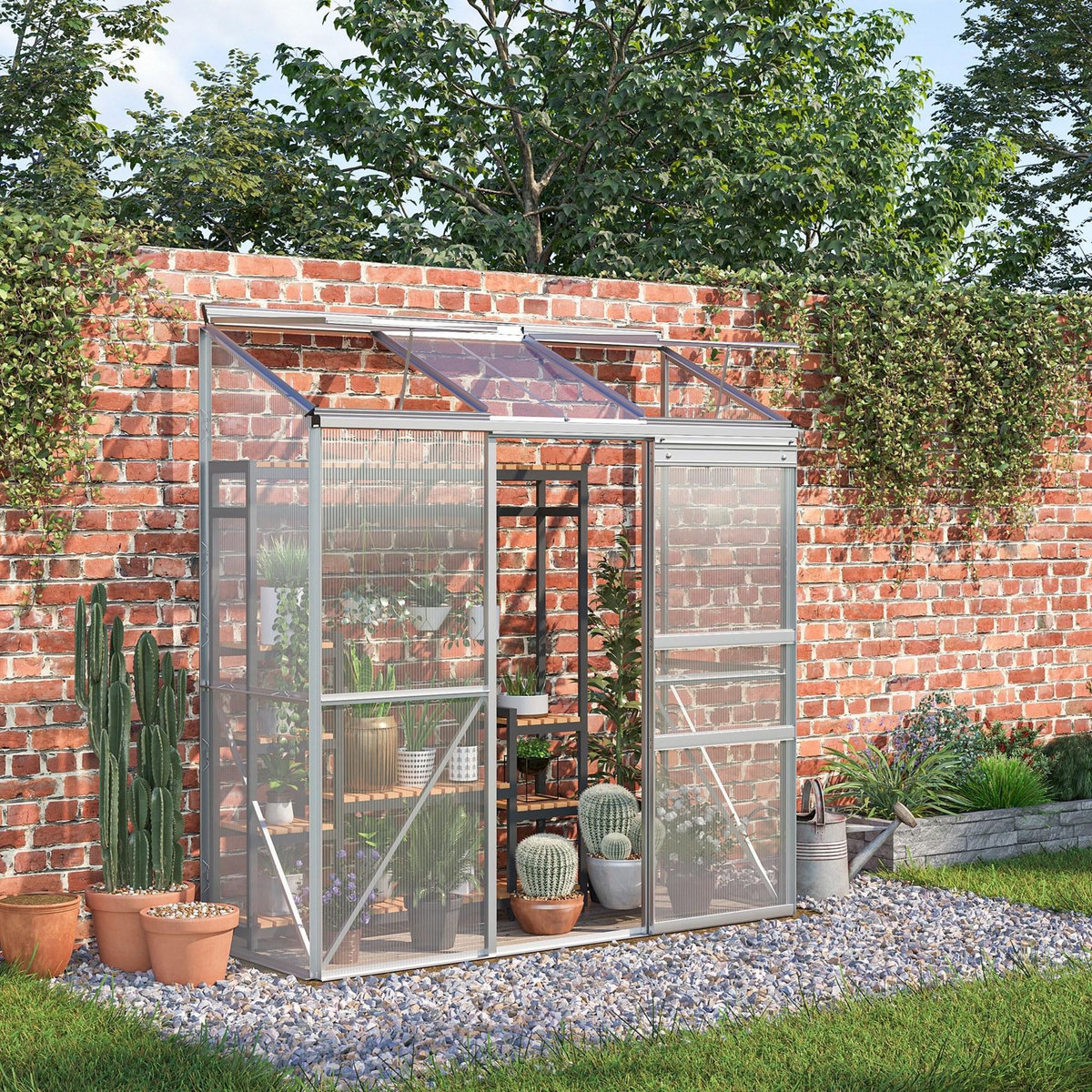 OUTSUNNY Serre adossée de jardin - 2 lucarnes, 2 portes coulissantes - 190 x 70 x 200 cm - alu polycarbonate transparent