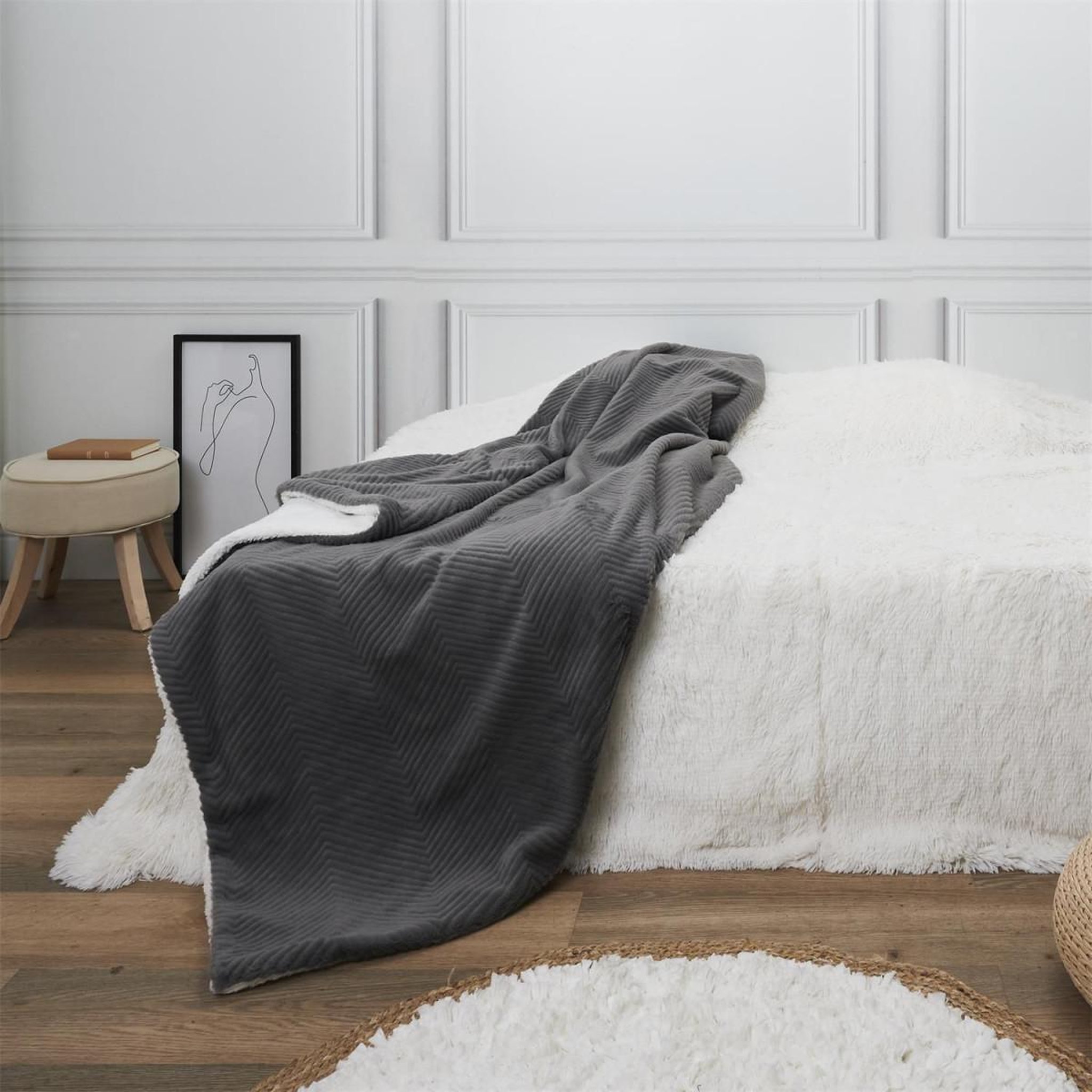 Voir la diapositive 4 : The Home Deco Factory Plaid velours imitation fourrure  sherpa  140x200cm gris