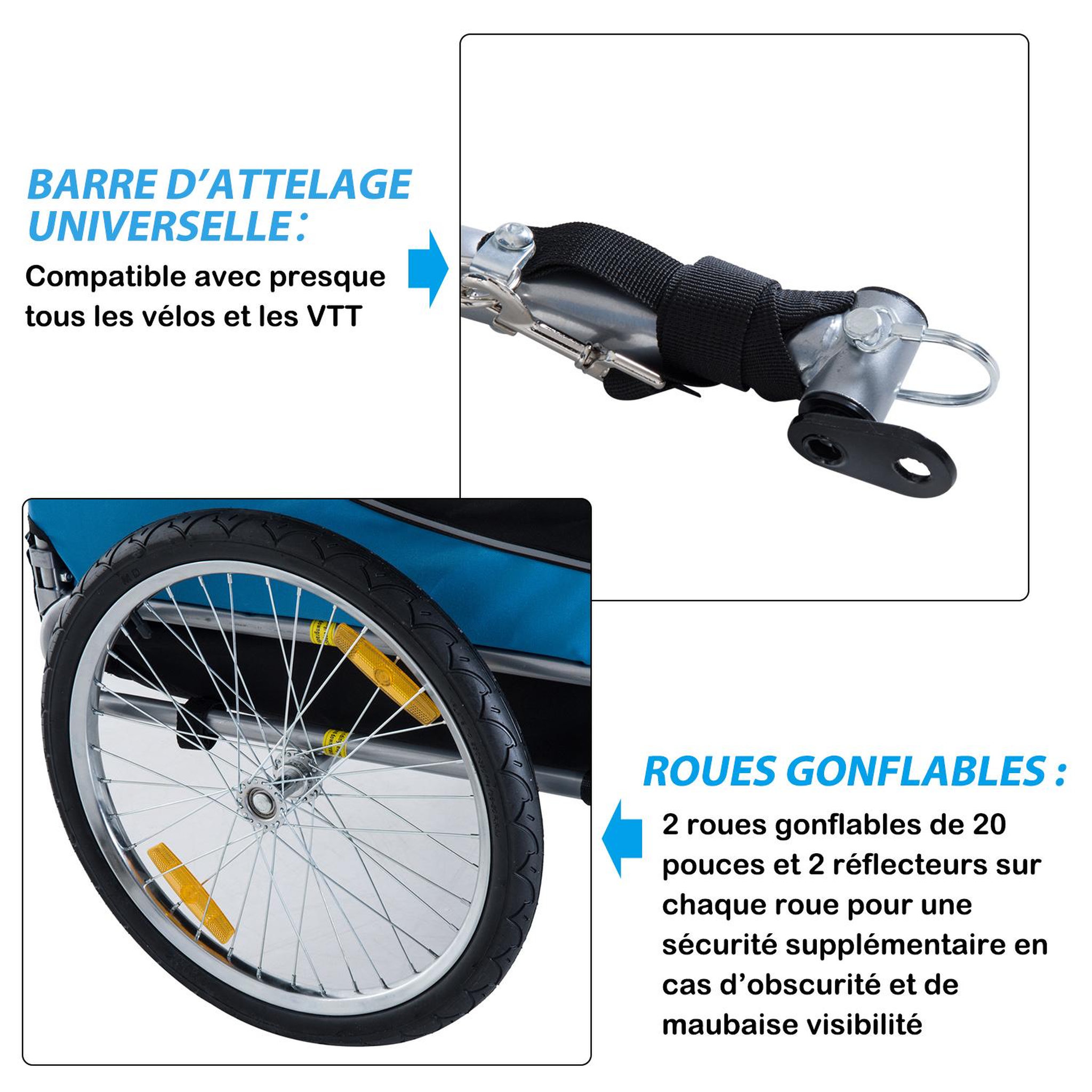 Voir la diapositive 4 : PAWHUT Remorque velo pour chien animaux avec 8 reflecteurs drapeau bleu noir