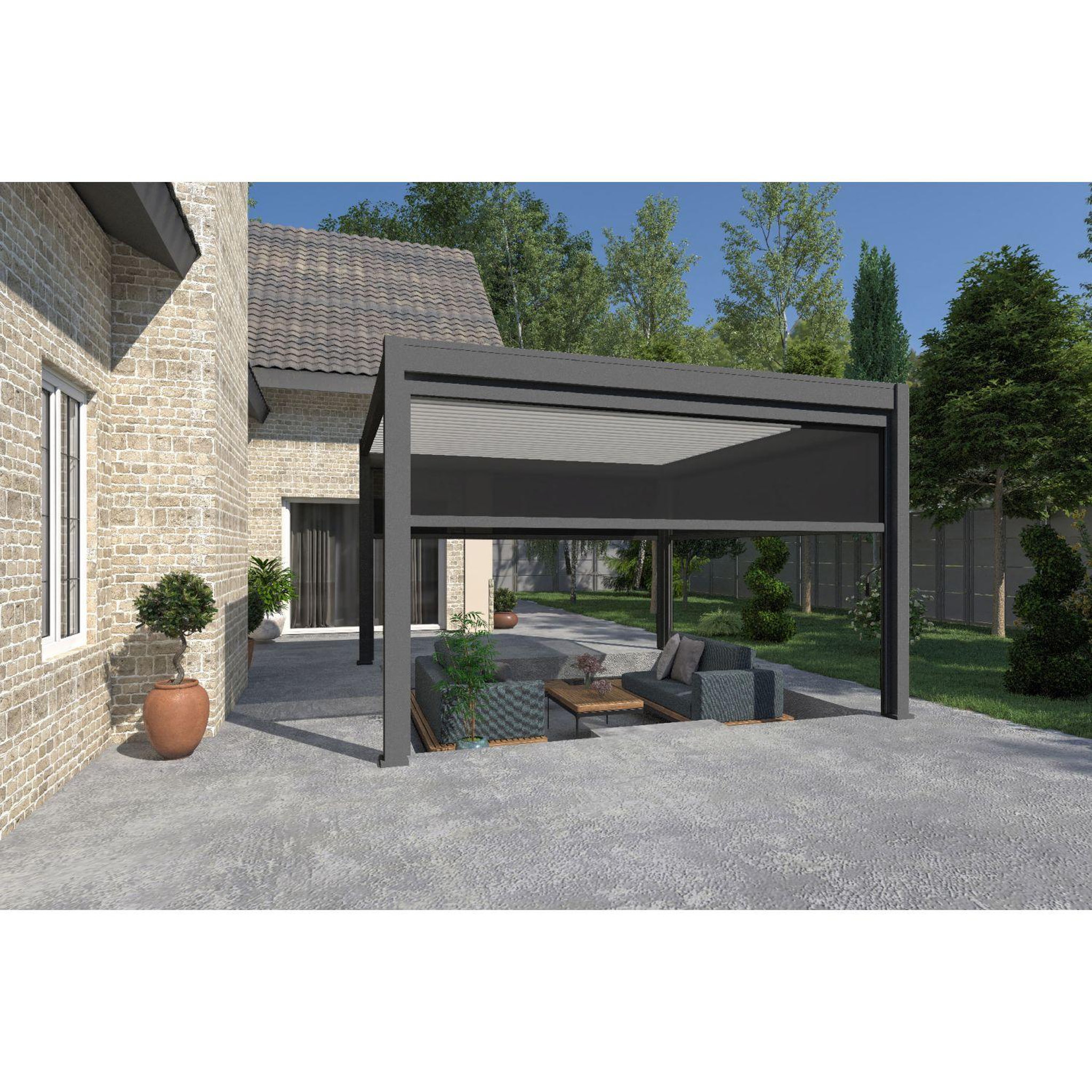 Voir la diapositive 3 : Pergola Bioclimatique autoportée 4x4 m - Aluminium - Anthracite/blanc - VS OmBREA®