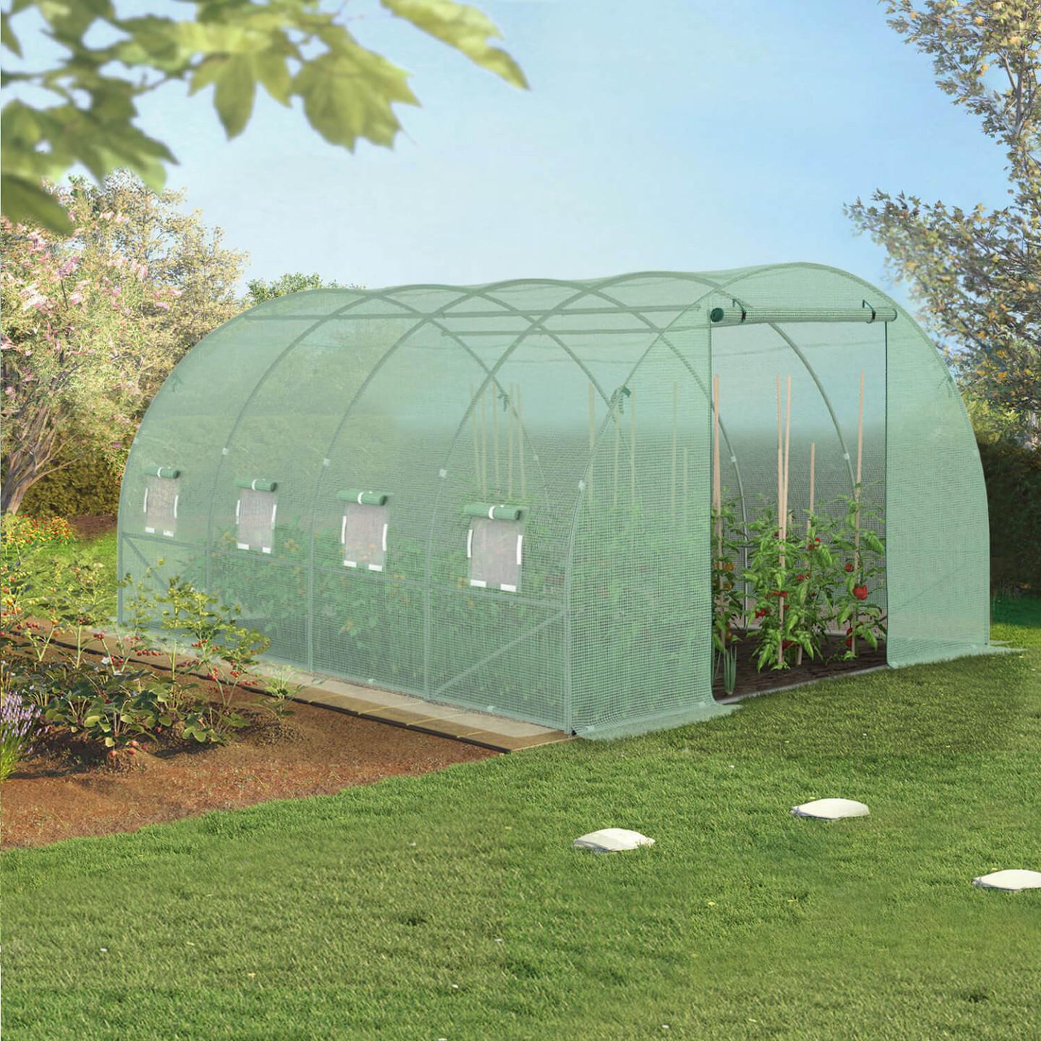 Voir la diapositive 2 : ID MARKET Bâche de rechange pour serre de jardin tunnel 12m² 4 x 3 x 2 m anti-uv avec porte et fenêtres zebra verte