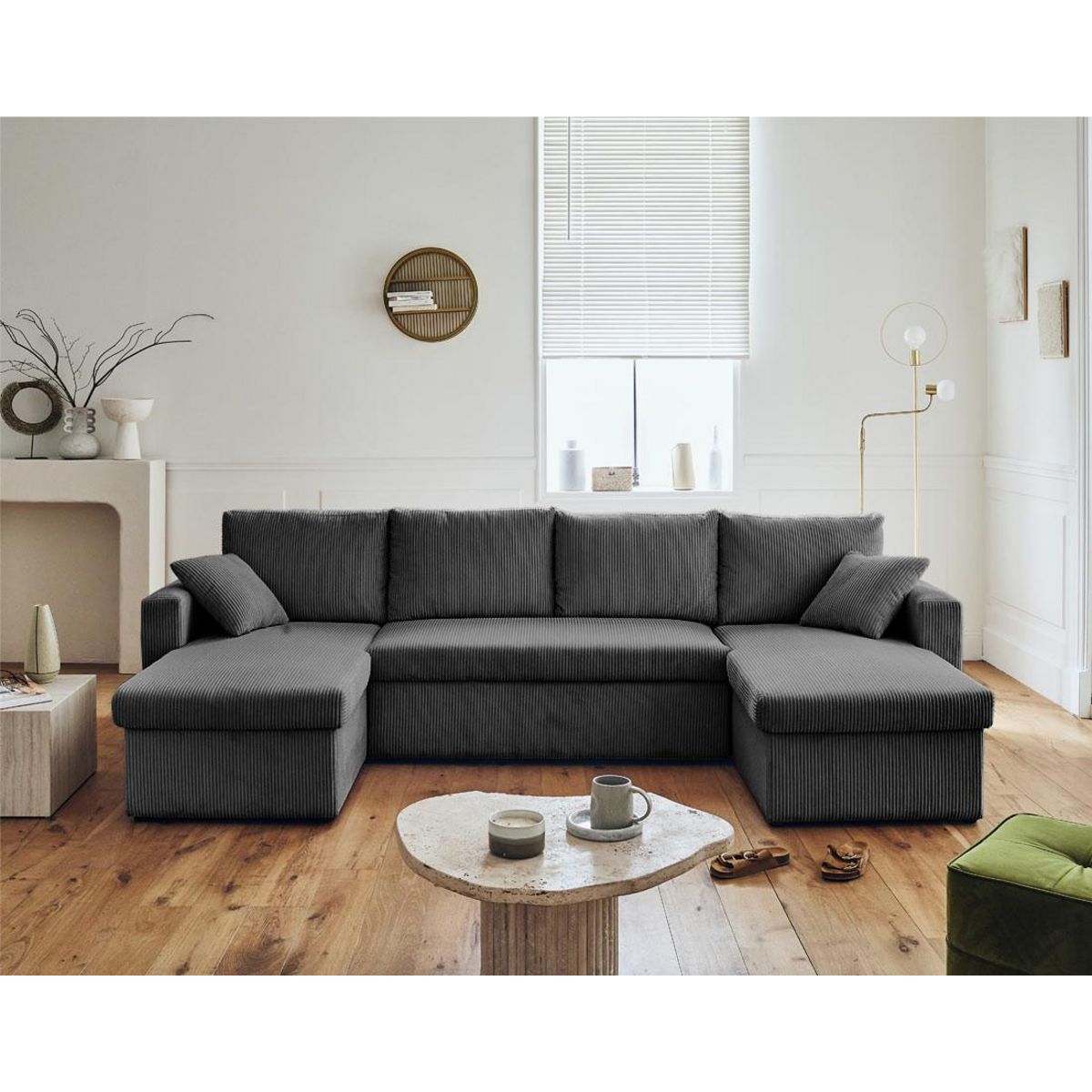 BEST MOBILIER Cyrus - canapé panoramique en u - 7 places - convertible avec coffre - en velours côtelé